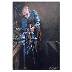 Ted Jones Dublino Irlanda Pittura a olio irlandese su tela L'armaiolo irlandese 1985