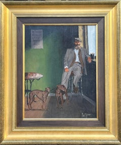 Ted Jones Dublin Ireland Irish Oil Painting Canvas Irishman with Guinness & Dogs
