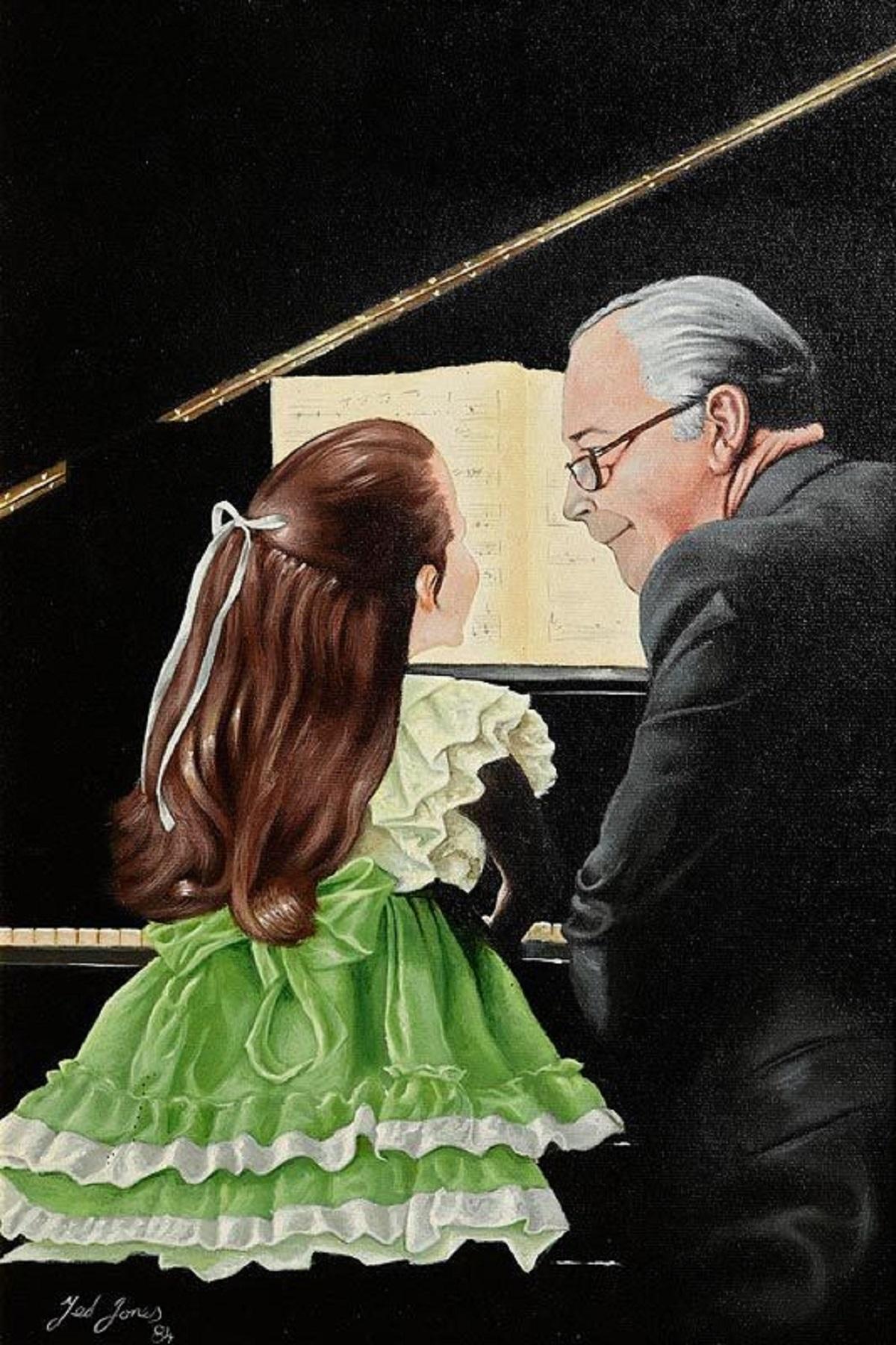 Ted Jones Dublín Irlanda Irlandés Pintura al Óleo Lienzo Profesor de Música con Alumno siglo XX en venta