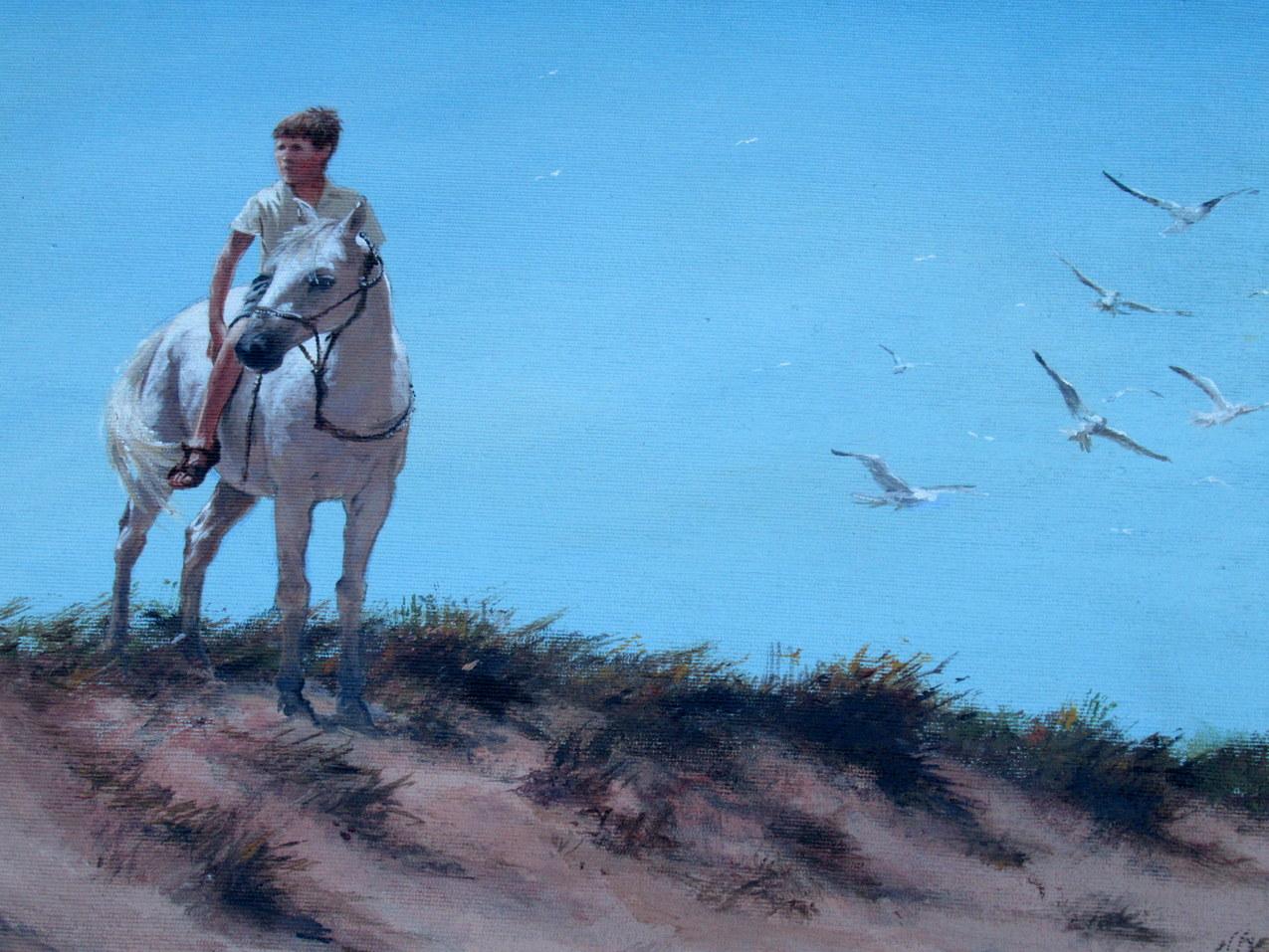 Superbe peinture irlandaise à l'huile sur toile encadrée, peinte durant le dernier quart du 20e siècle, par Ted Jones (Irlandais 1952-2017). 

Ce magnifique tableau représente un jeune homme à cheval dans des dunes de sable avec des mouettes en