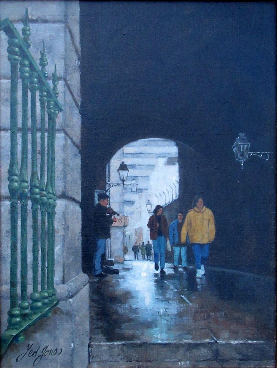 Wunderschönes irisches Gemälde in Öl auf Leinwand, gemalt im letzten Viertel des 20. Jahrhunderts von Ted Jones (Ire 1952-2017). 

Dieses wunderbare Bild zeigt eine irische Ansicht des Stadtzentrums von Dublin, bekannt als Merchants Arch, direkt