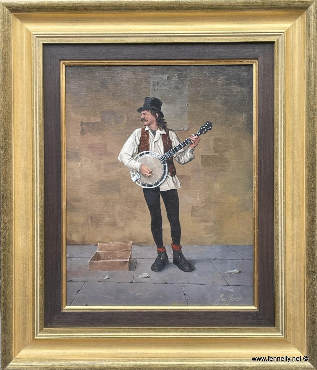 Impresionante cuadro irlandés al óleo sobre lienzo enmarcado, pintado durante el último cuarto del siglo XX, por Ted Jones (irlandés, 1952-2017).   

Esta maravillosa imagen representa a un músico irlandés de pie, posiblemente de pie en la acera de