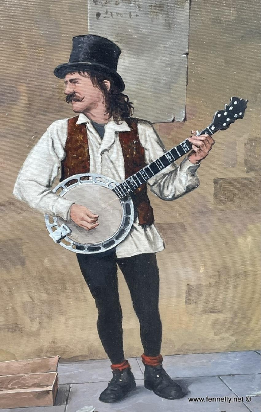 Ted Jones Dublín Irlanda Irlandés Pintura al Óleo sobre Lienzo Músico Busker Masculino Pintado en venta