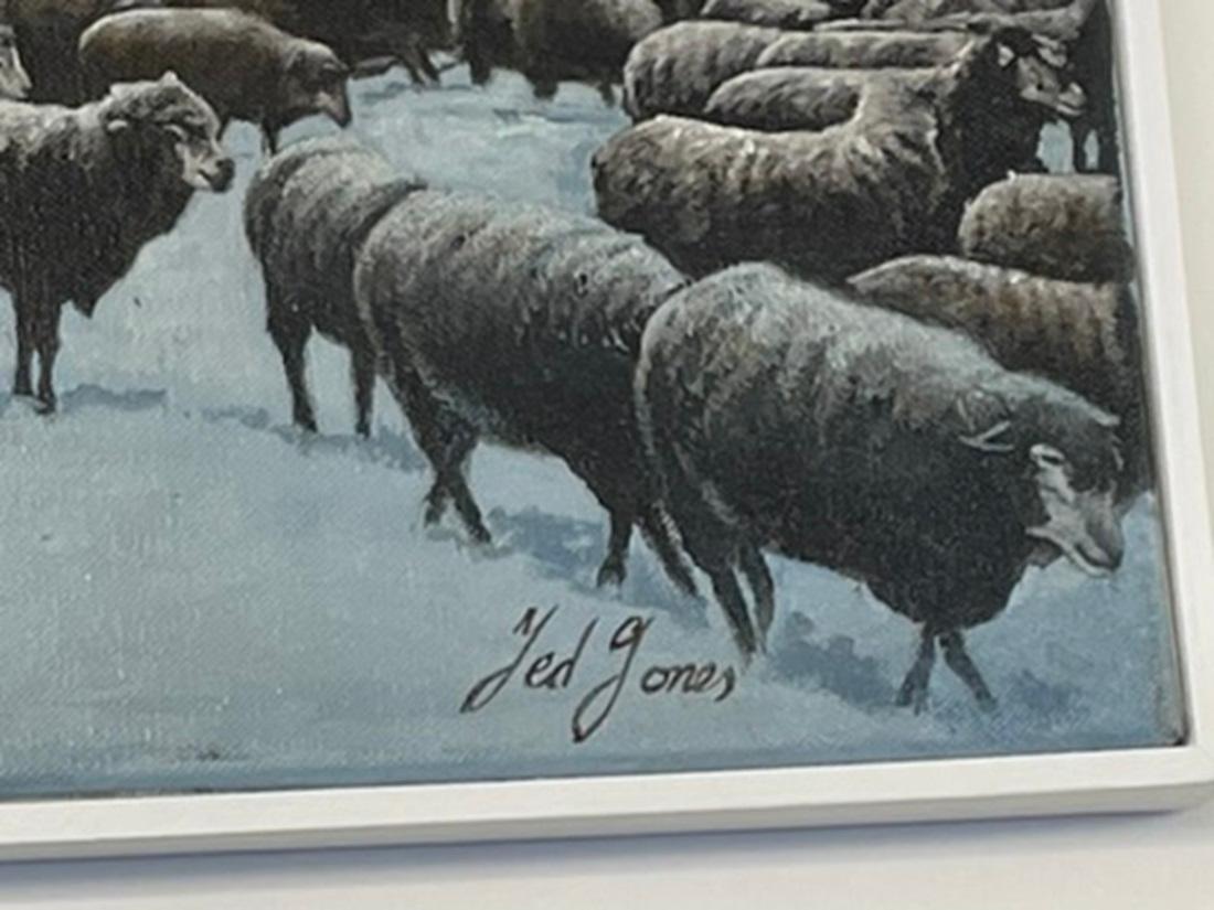 20th Century Ted Jones Dublin Ireland Irish Oil Painting on Canvas Winter Farm Scene Sheep For Sale
