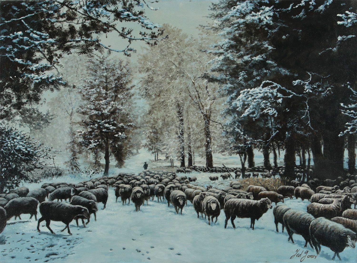 Ted Jones Dublin Ireland Irish Oil Painting on Canvas Winter Farm Scene Sheep For Sale 1