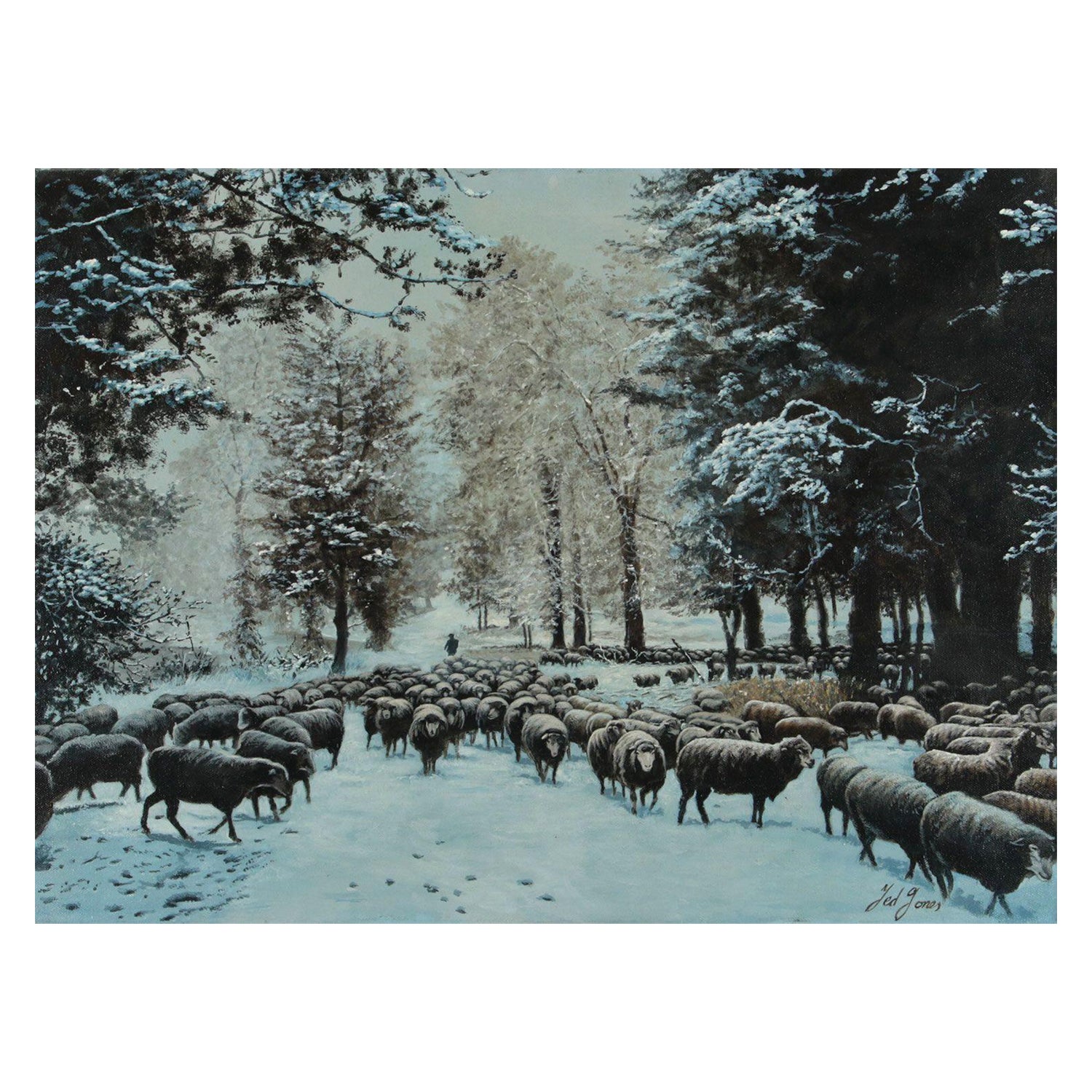 Ted Jones Dublin, Irland, irisches Ölgemälde auf Leinwand, Winter-Bauernszene, Schafe, Ölgemälde im Angebot