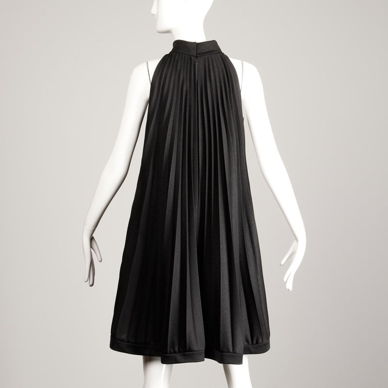 Ted Lapidus 1960s Vintage Black Pleated Trapeze Cocktail Dress For