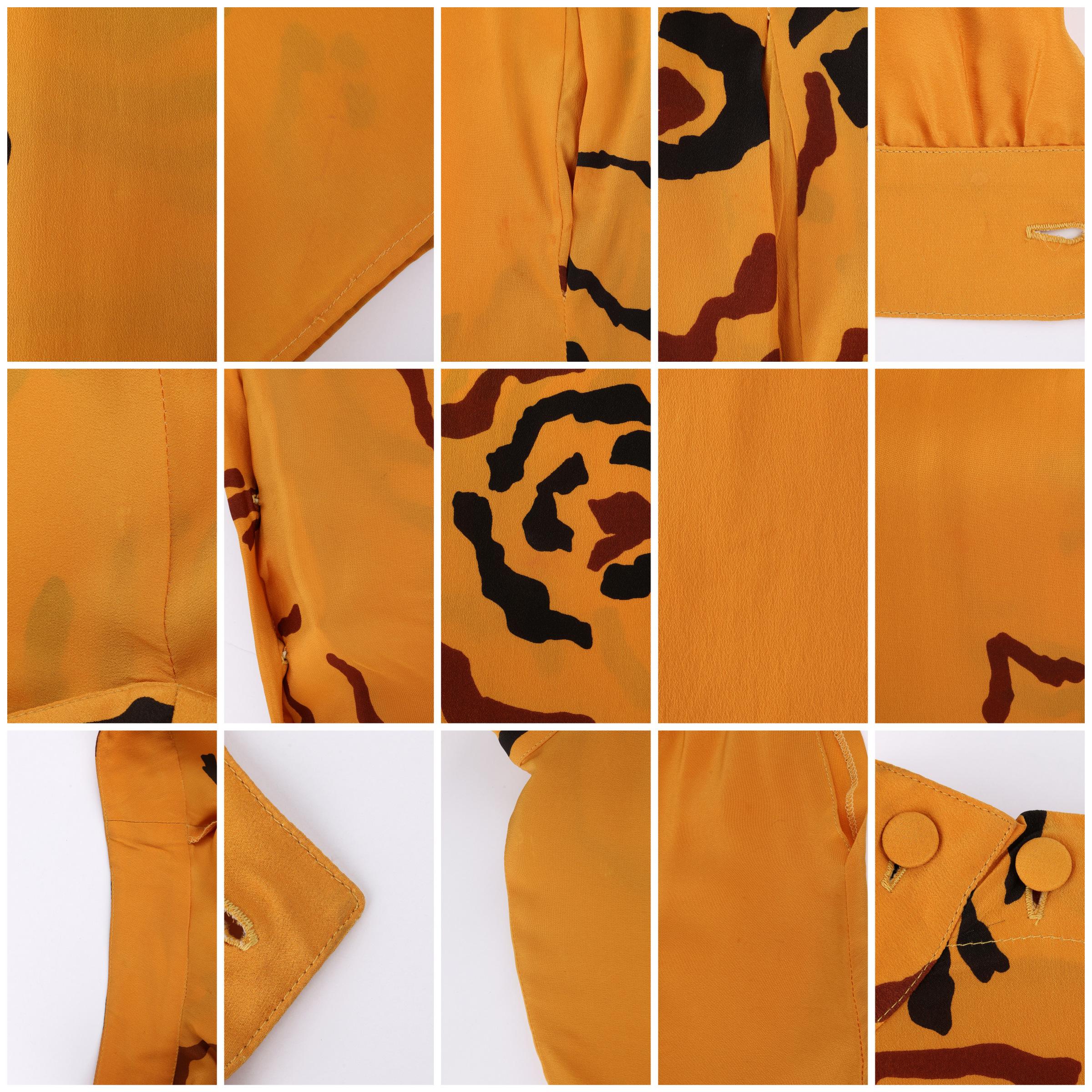 TED LAPIDUS c.1980’s Saffron Orange Peony Floral Silk Long Sleeve Dress & Belt 6