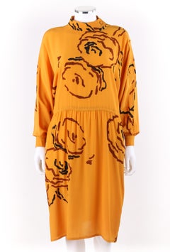 TED LAPIDUS c.1980's Vestido de manga larga y cinturón de seda floral naranja azafrán peonía