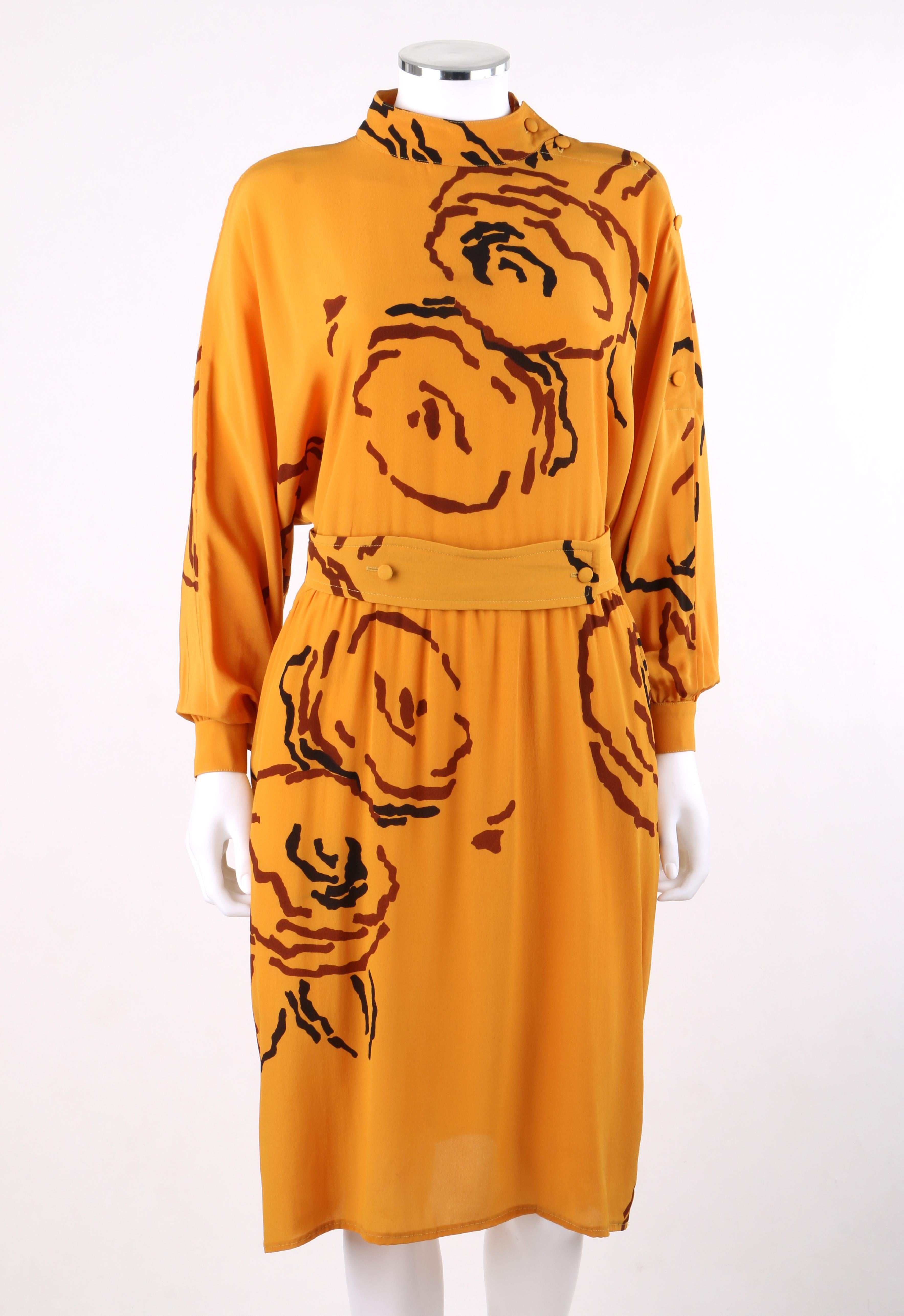 TED LAPIDUS c.1980’s Saffron Orange Peony Floral Silk Long Sleeve Dress & Belt In Good Condition In Thiensville, WI