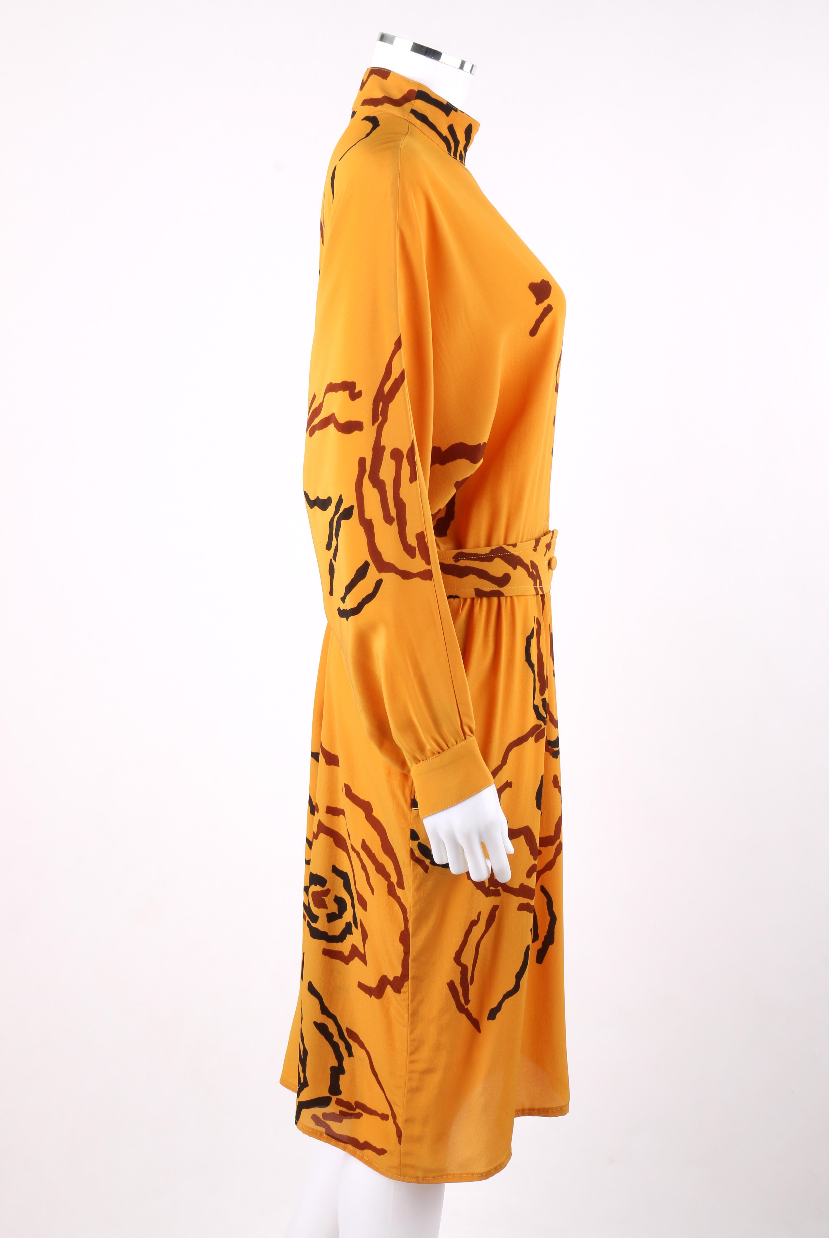 Women's TED LAPIDUS c.1980’s Saffron Orange Peony Floral Silk Long Sleeve Dress & Belt