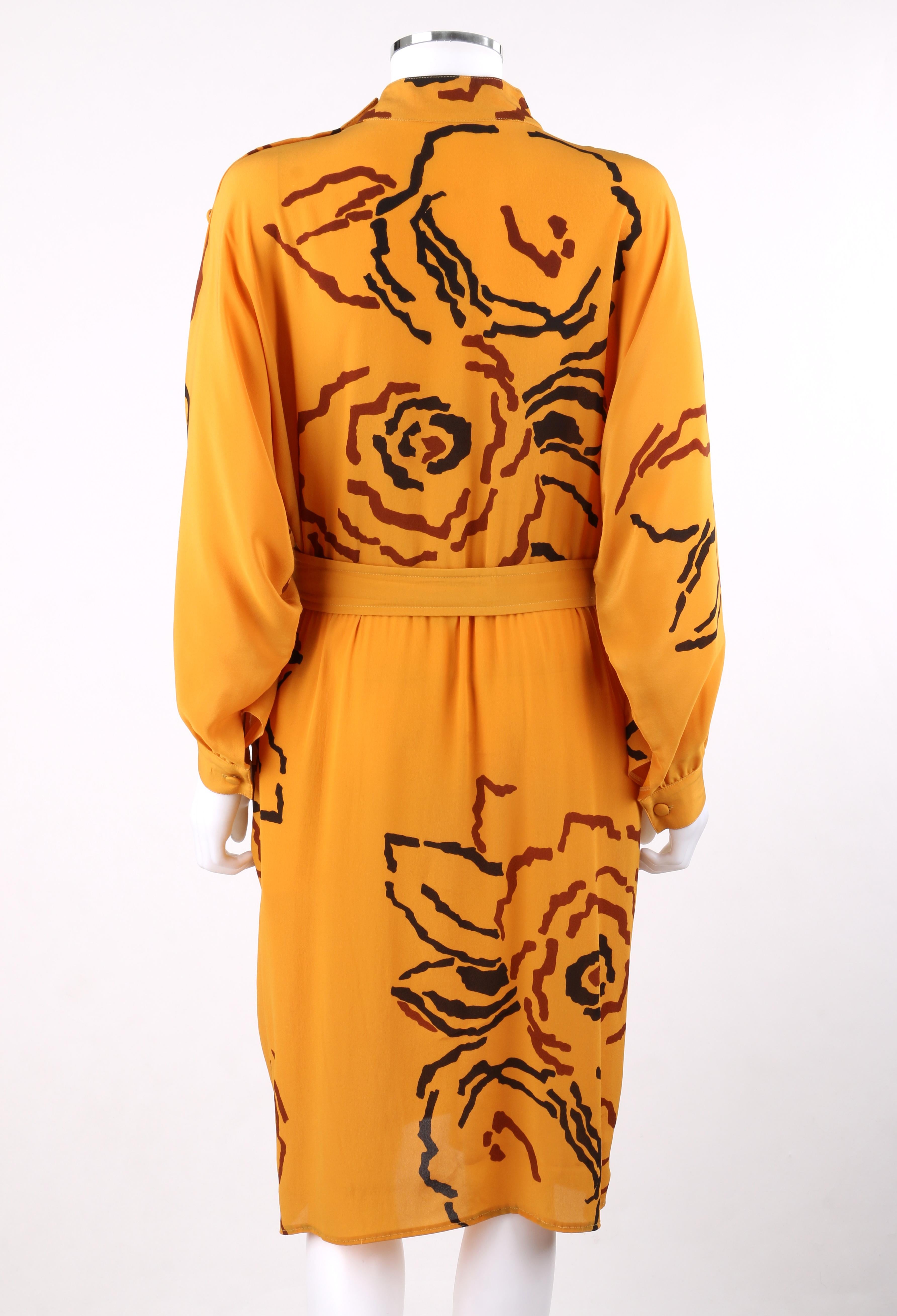 TED LAPIDUS c.1980’s Saffron Orange Peony Floral Silk Long Sleeve Dress & Belt 1