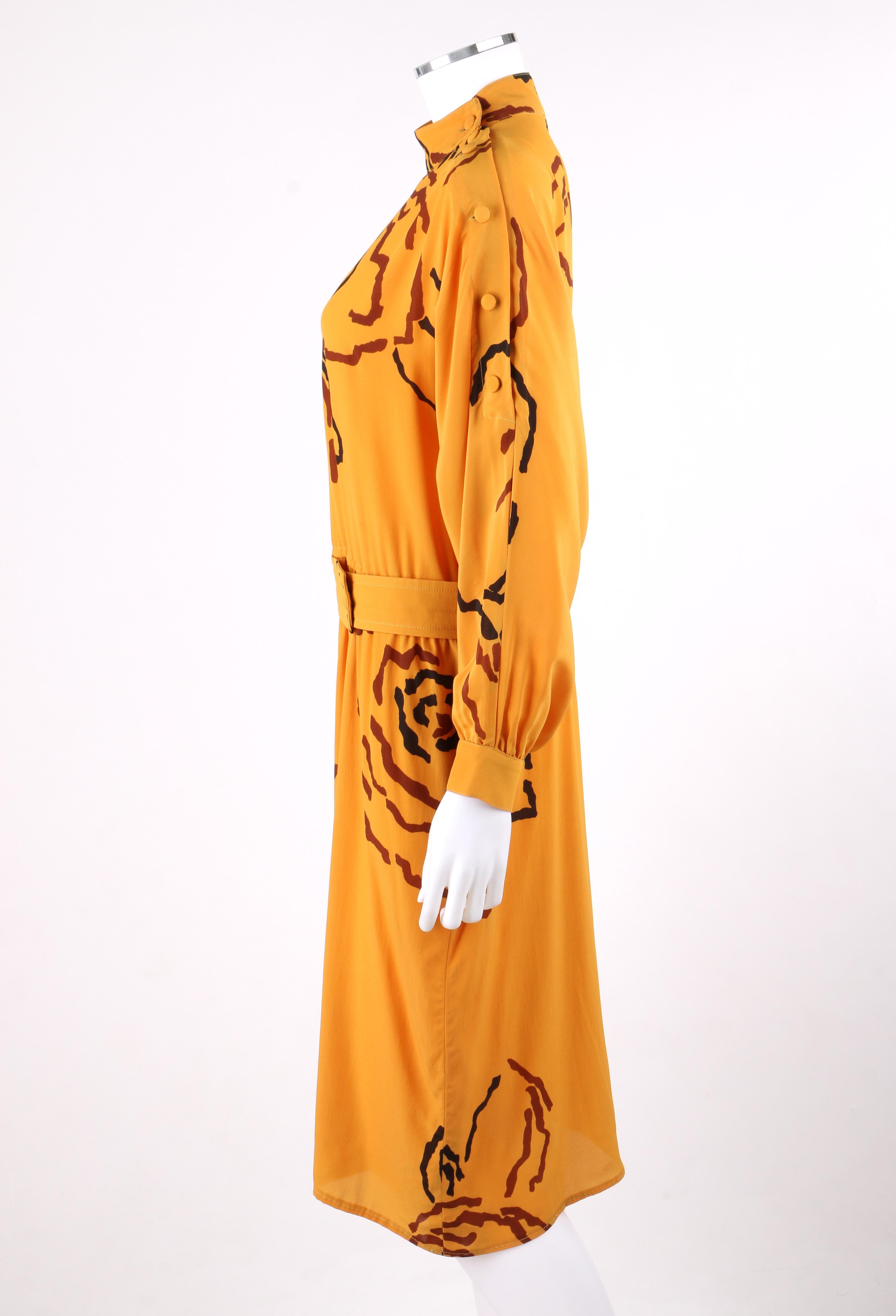 TED LAPIDUS c.1980’s Saffron Orange Peony Floral Silk Long Sleeve Dress & Belt 2