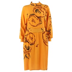 TED LAPIDUS c.1980's Saffron Orange Peony Floral Silk Long Sleeve Dress & Belt