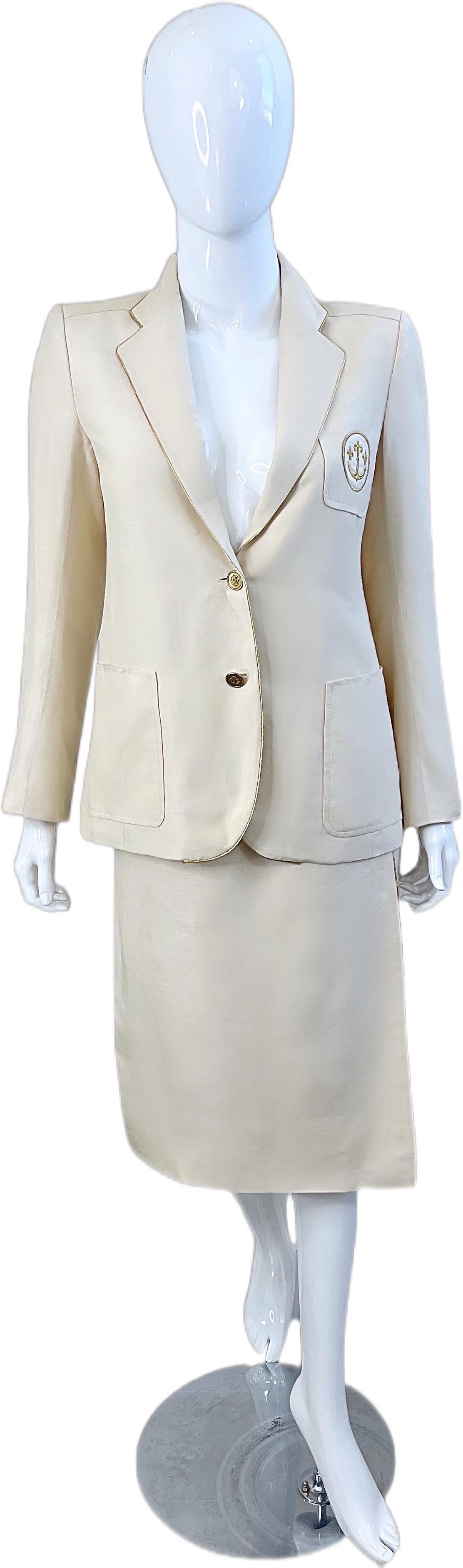 Ted Lapidus Haute Couture 1970s Nautical Ivory Anchor Vintage Silk Skirt Suit For Sale 4