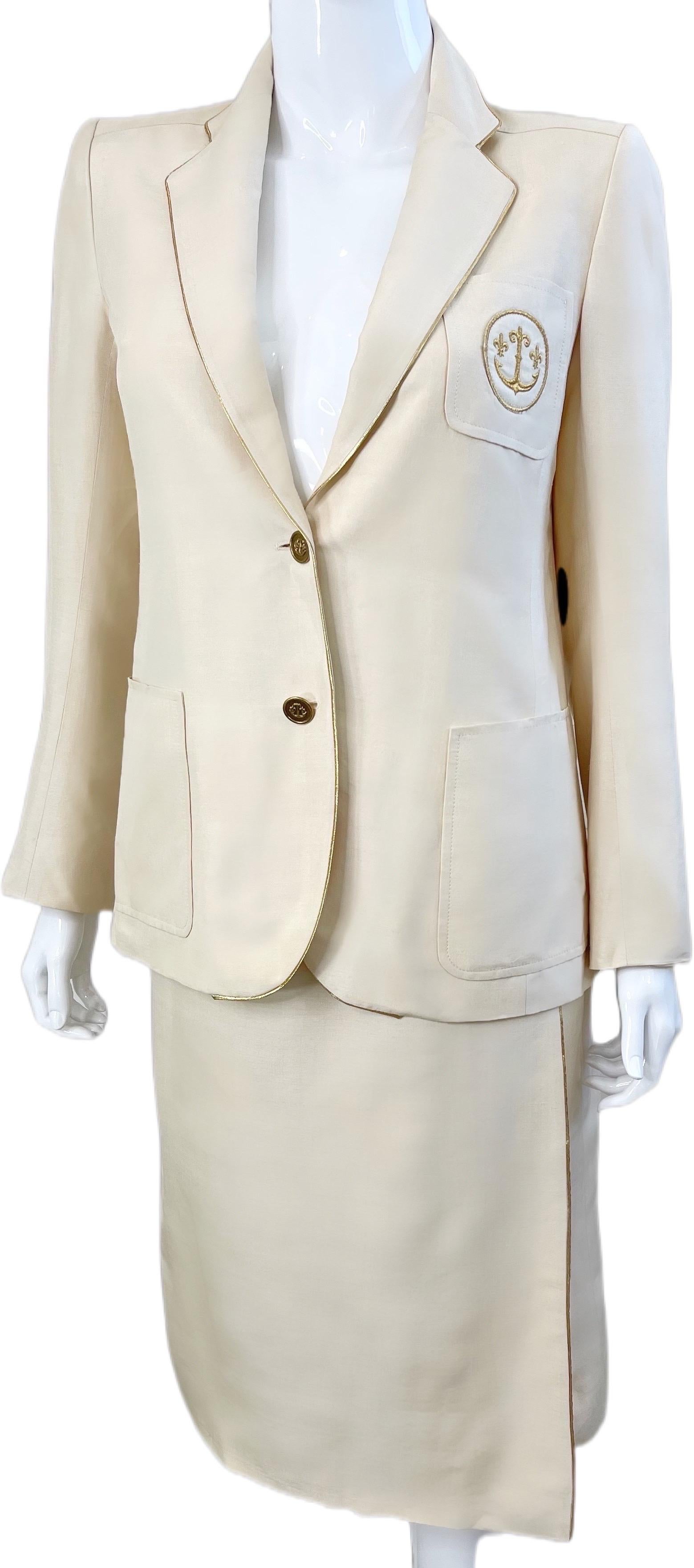 Ted Lapidus Haute Couture 1970s Nautical Ivory Anchor Vintage Silk Skirt Suit For Sale 6