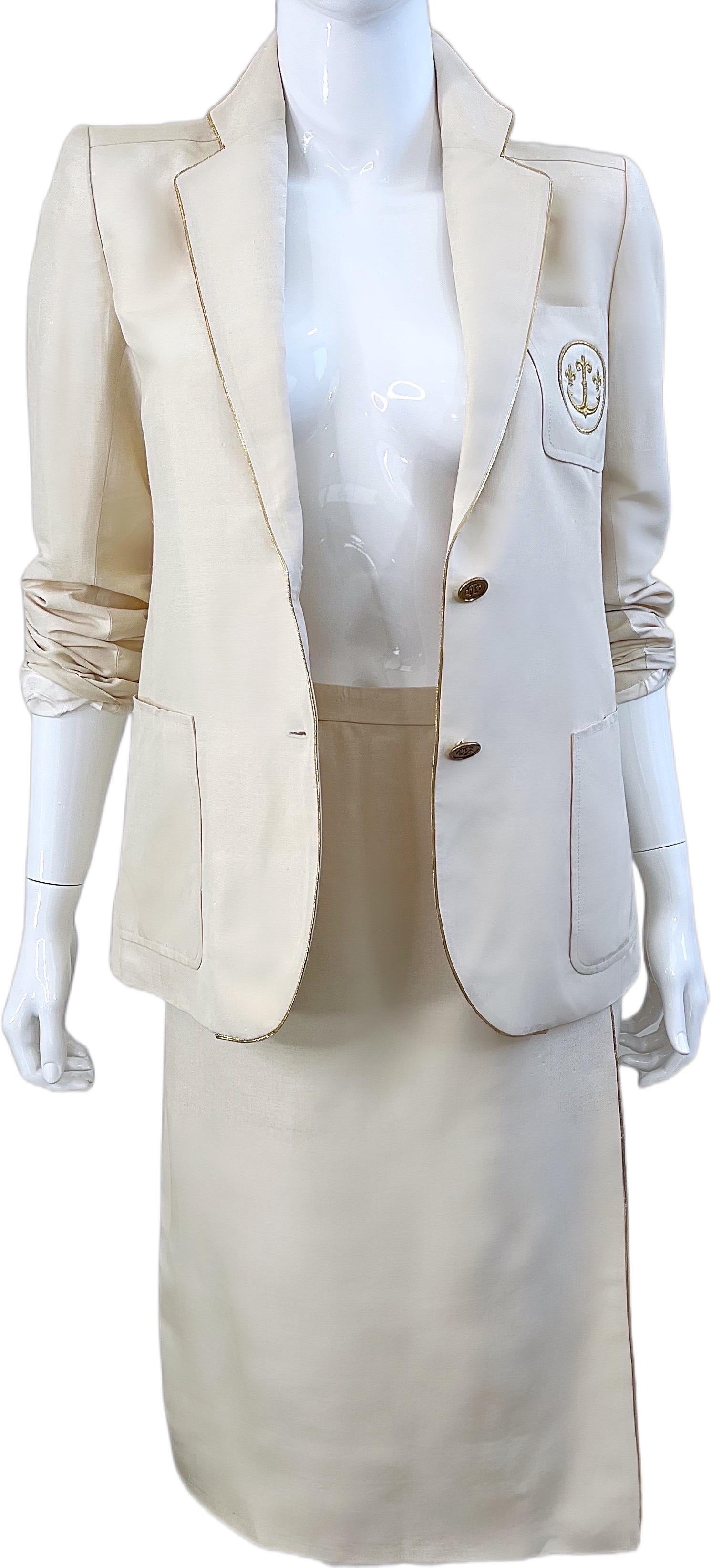 Ted Lapidus Haute Couture 1970s Nautical Ivory Anchor Vintage Silk Skirt Suit For Sale 7