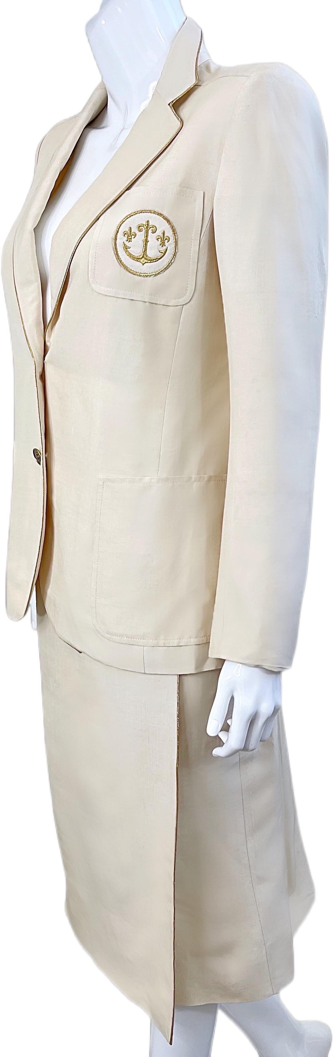Ted Lapidus Haute Couture 1970s Nautical Ivory Anchor Vintage Silk Skirt Suit For Sale 8