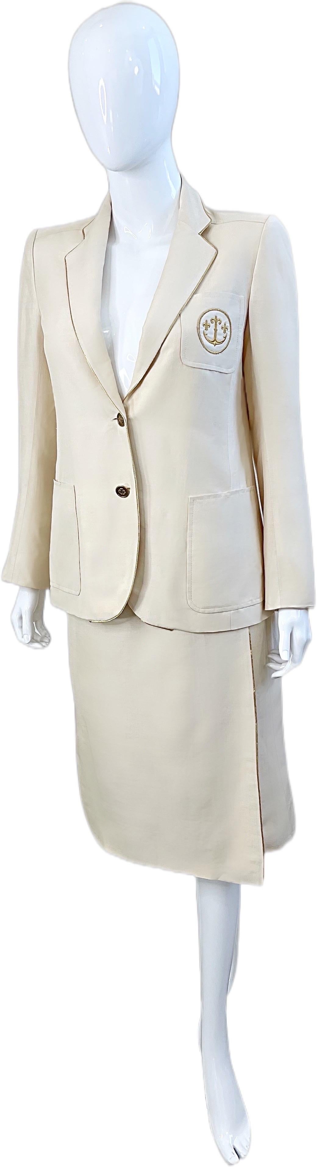 Ted Lapidus Haute Couture 1970s Nautical Ivory Anchor Vintage Silk Skirt Suit For Sale 9