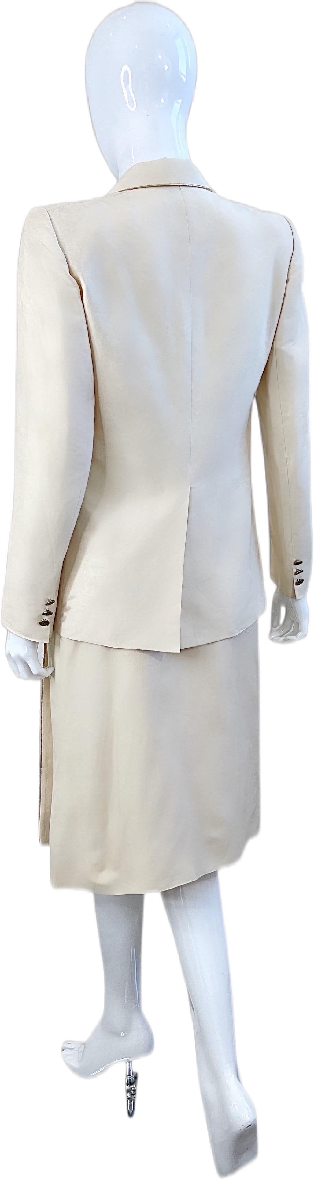Ted Lapidus Haute Couture 1970s Nautical Ivory Anchor Vintage Silk Skirt Suit In Excellent Condition For Sale In San Diego, CA