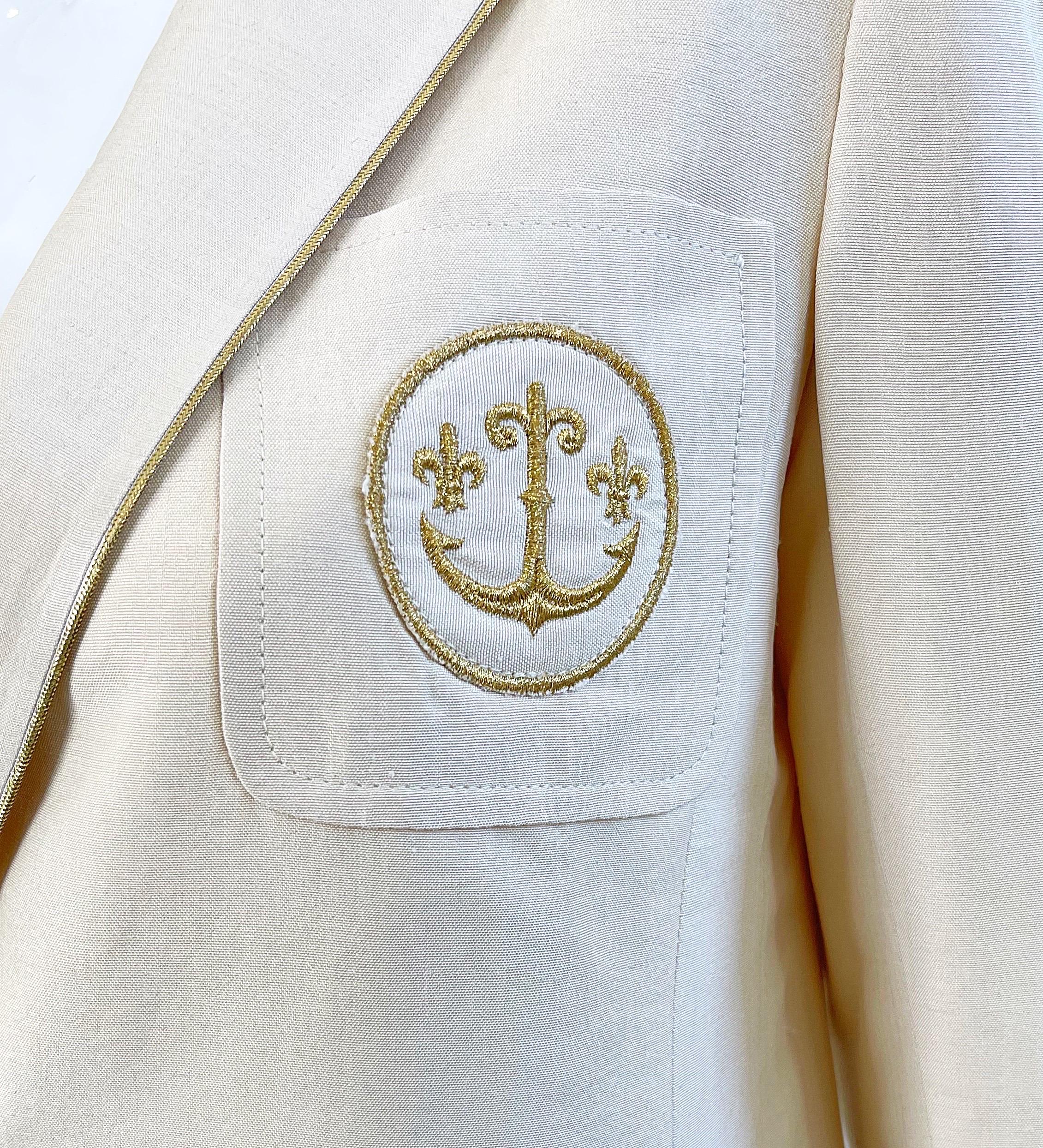 Women's Ted Lapidus Haute Couture 1970s Nautical Ivory Anchor Vintage Silk Skirt Suit For Sale