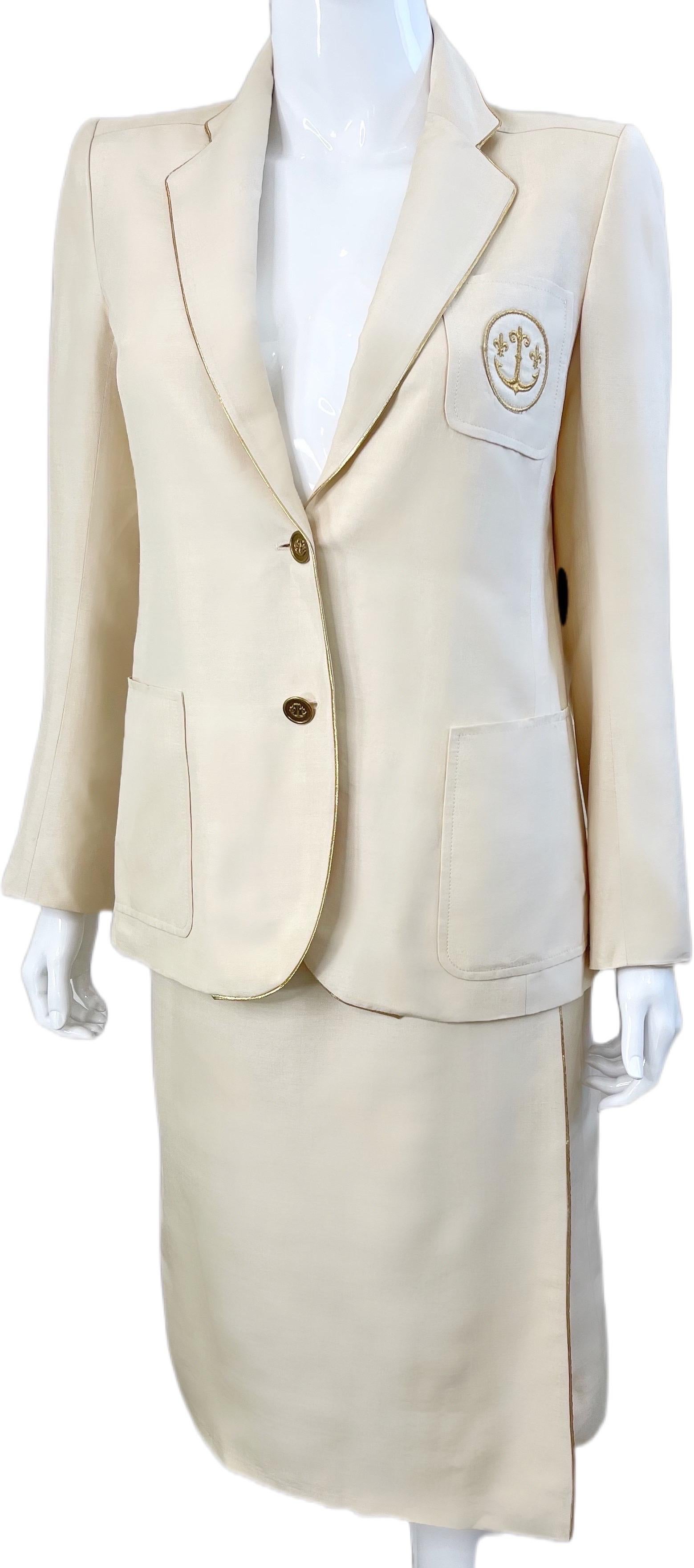 Ted Lapidus Haute Couture 1970s Nautical Ivory Anchor Vintage Silk Skirt Suit For Sale 2