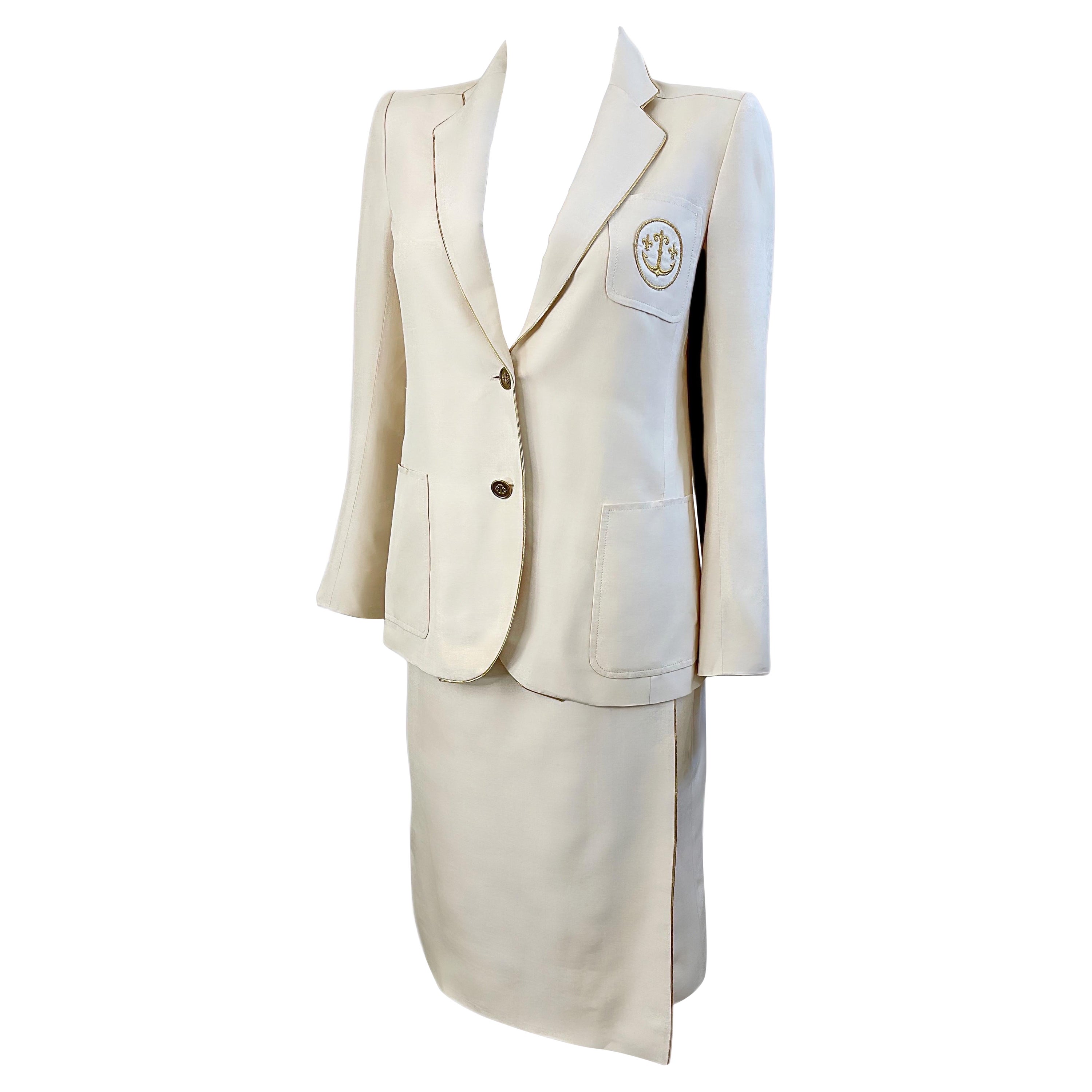 Ted Lapidus Haute Couture 1980s Náutico Marfil Ancla Traje Falda Seda Vintage en venta