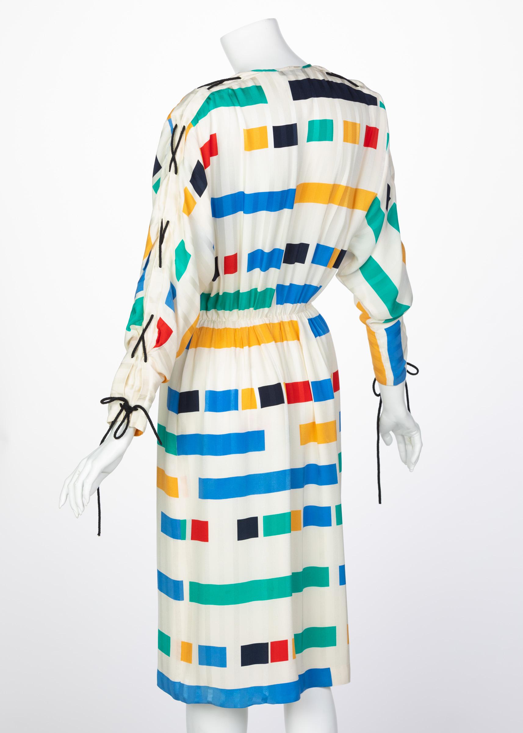 Gray Ted Lapidus Ivory Color Block Silk Safari Dress, 1980s