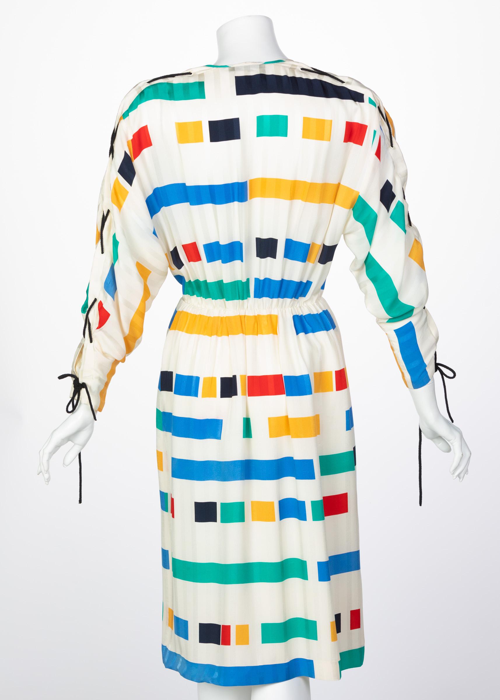 Ted Lapidus Ivory Color Block Silk Safari Dress, 1980s In Excellent Condition In Boca Raton, FL
