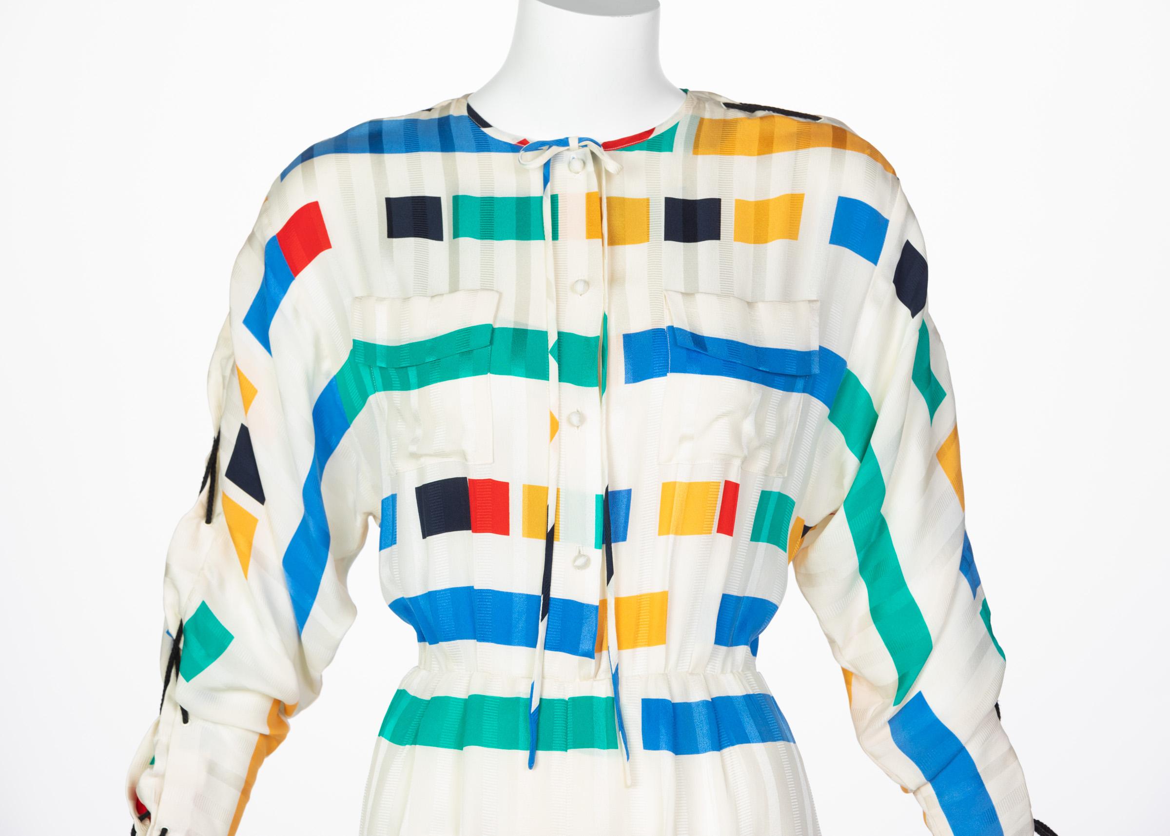 Women's Ted Lapidus Ivory Color Block Silk Safari Dress, 1980s