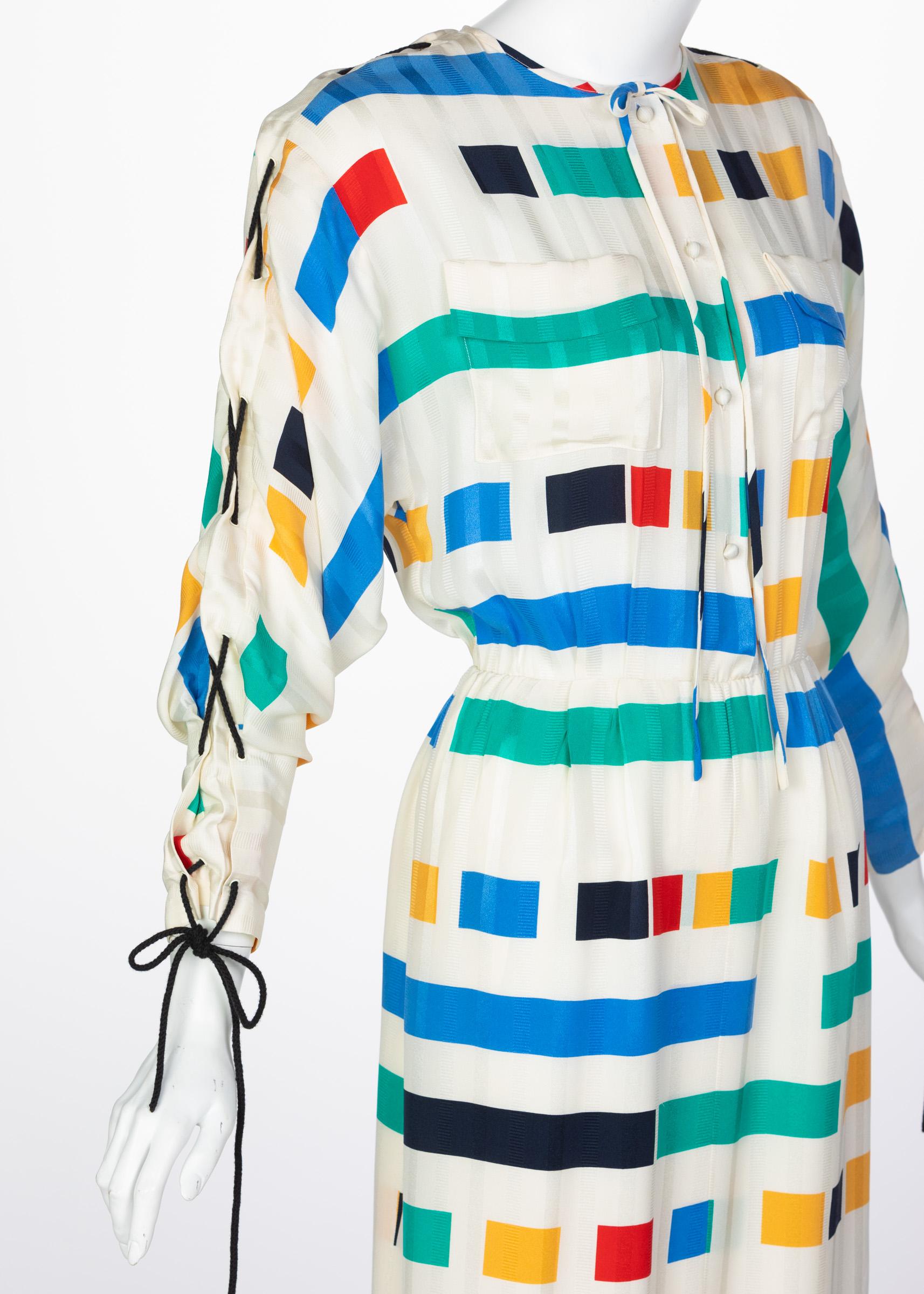 Ted Lapidus Ivory Color Block Silk Safari Dress, 1980s 1