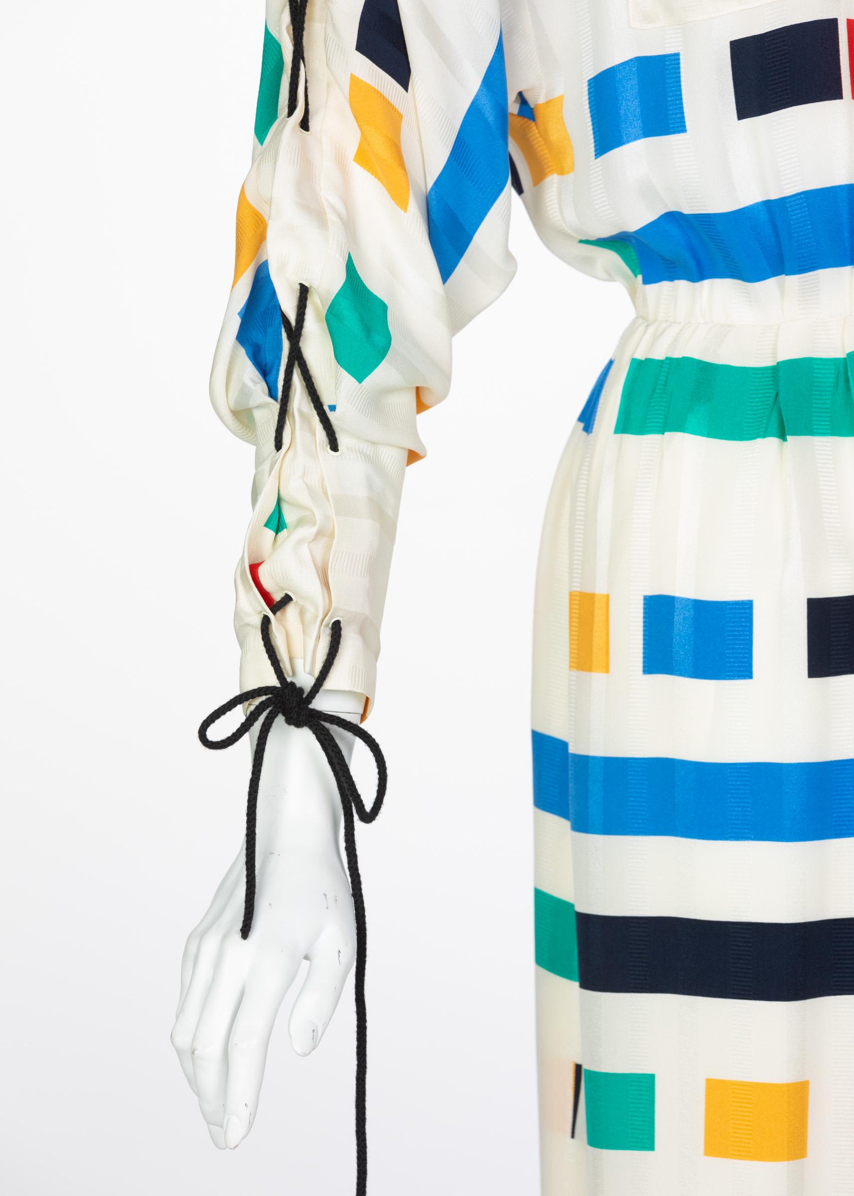 Ted Lapidus Ivory Color Block Silk Safari Dress, 1980s 2