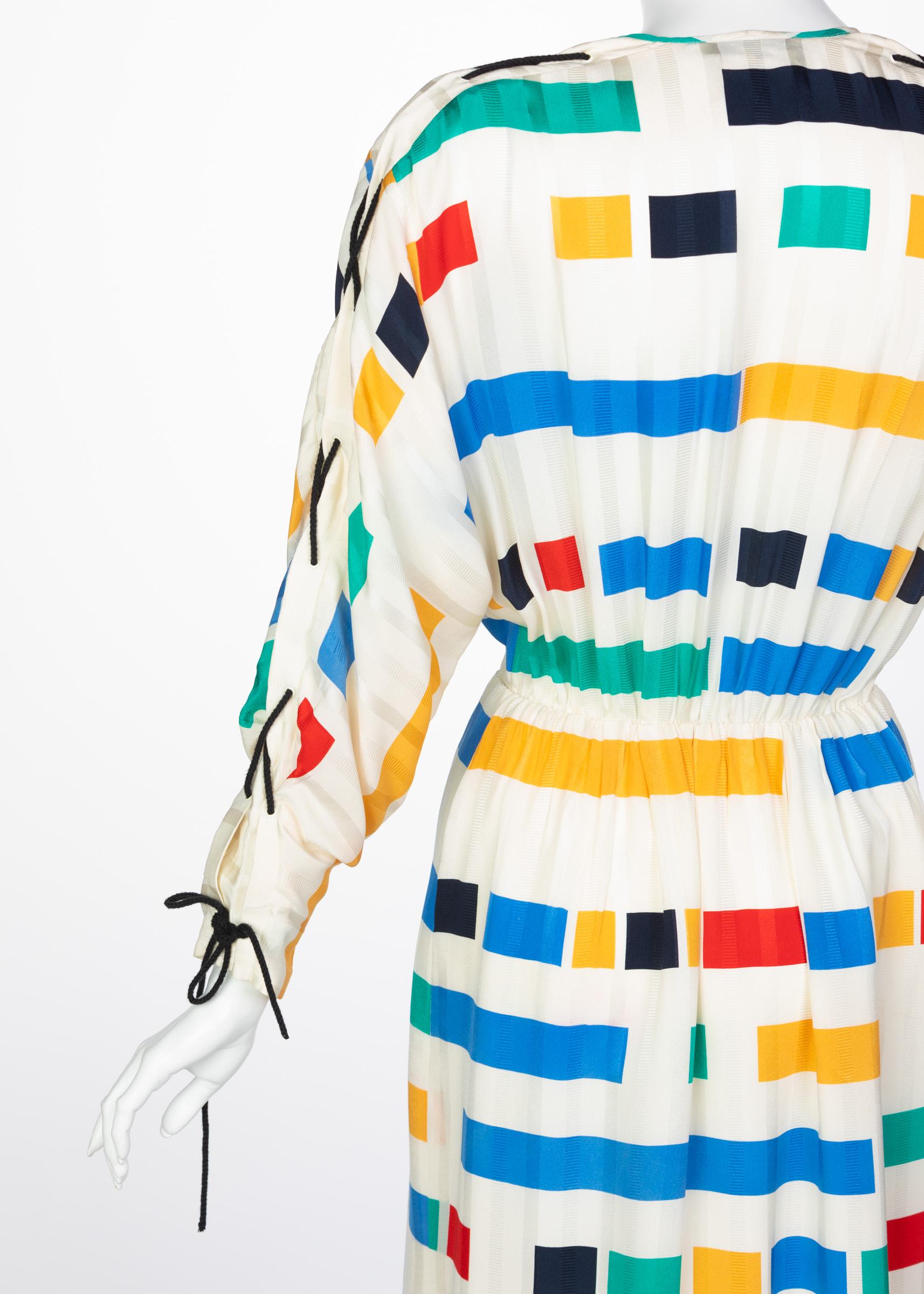 Ted Lapidus Ivory Color Block Silk Safari Dress, 1980s 3
