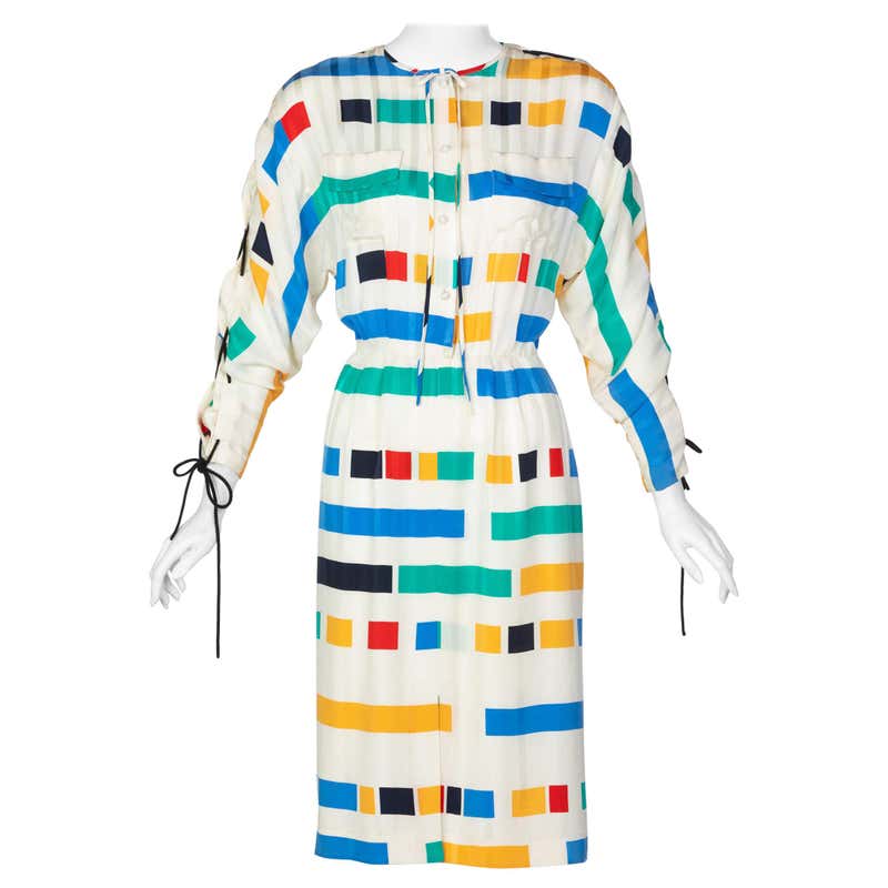 Ted Lapidus Ivory Color Block Silk Safari Dress, 1980s at 1stDibs
