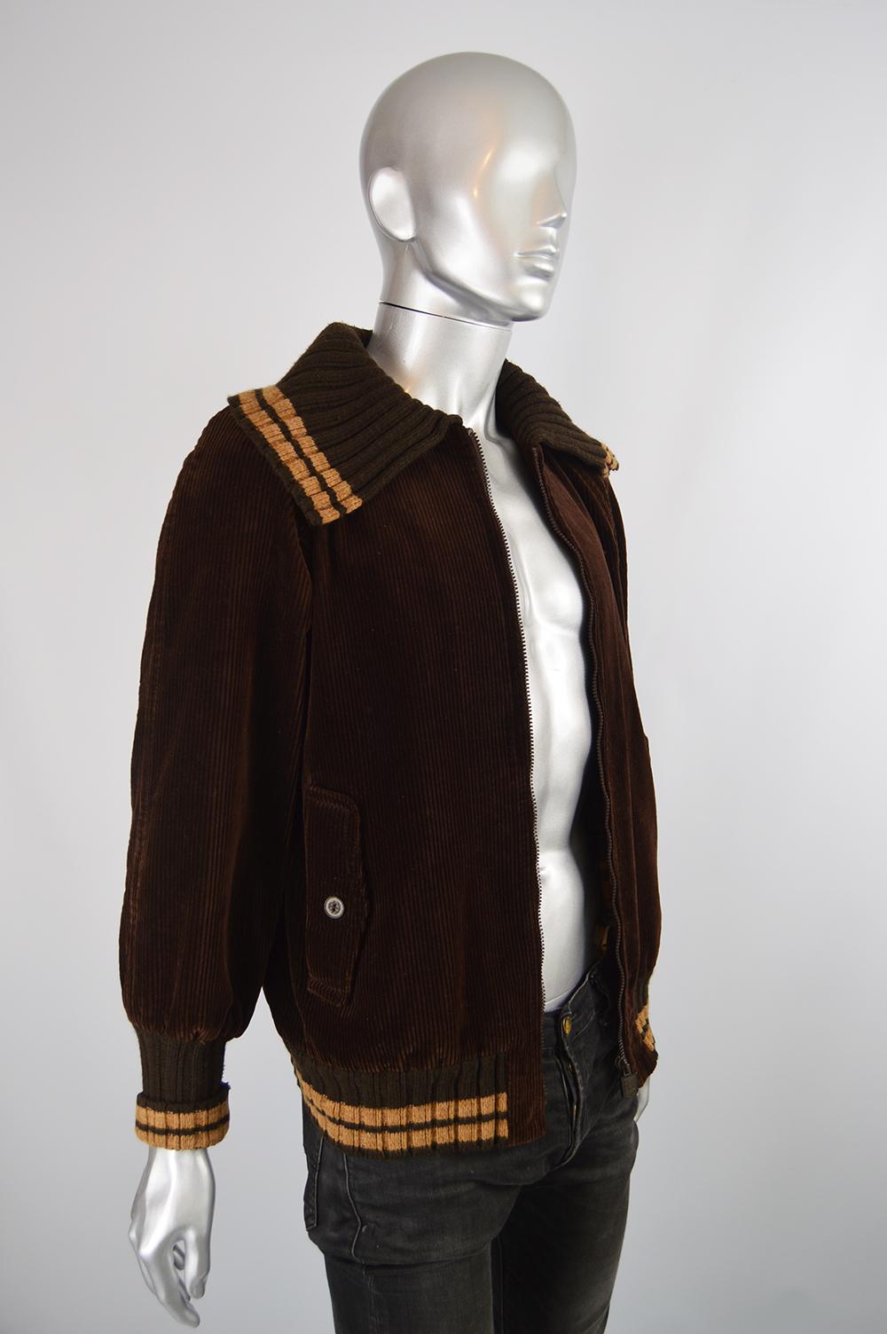 Black Ted Lapidus Mens 1970s Brown Corduroy Vintage Bomber Jacket with Knit Collar