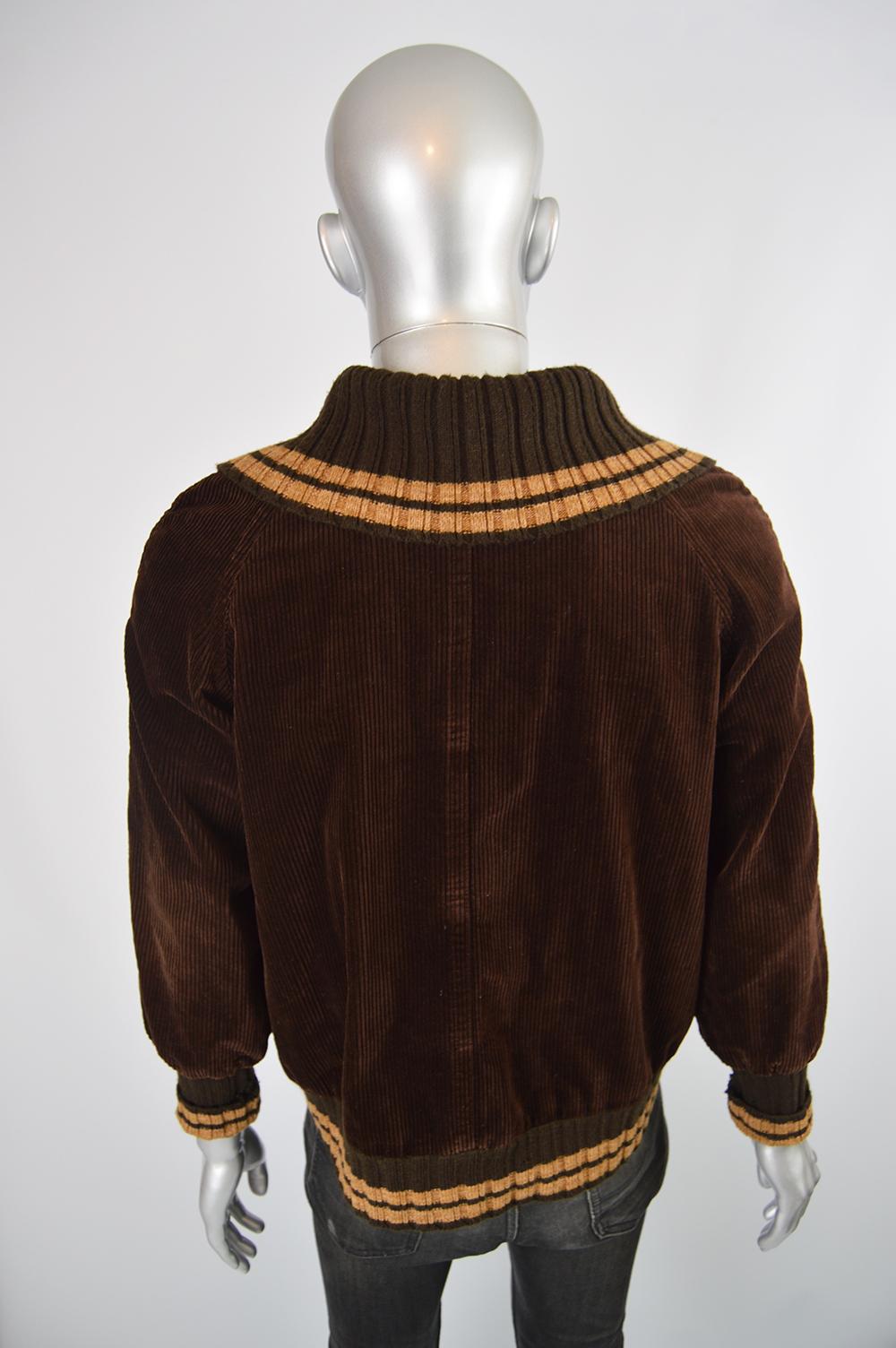 Men's Ted Lapidus Mens 1970s Brown Corduroy Vintage Bomber Jacket with Knit Collar