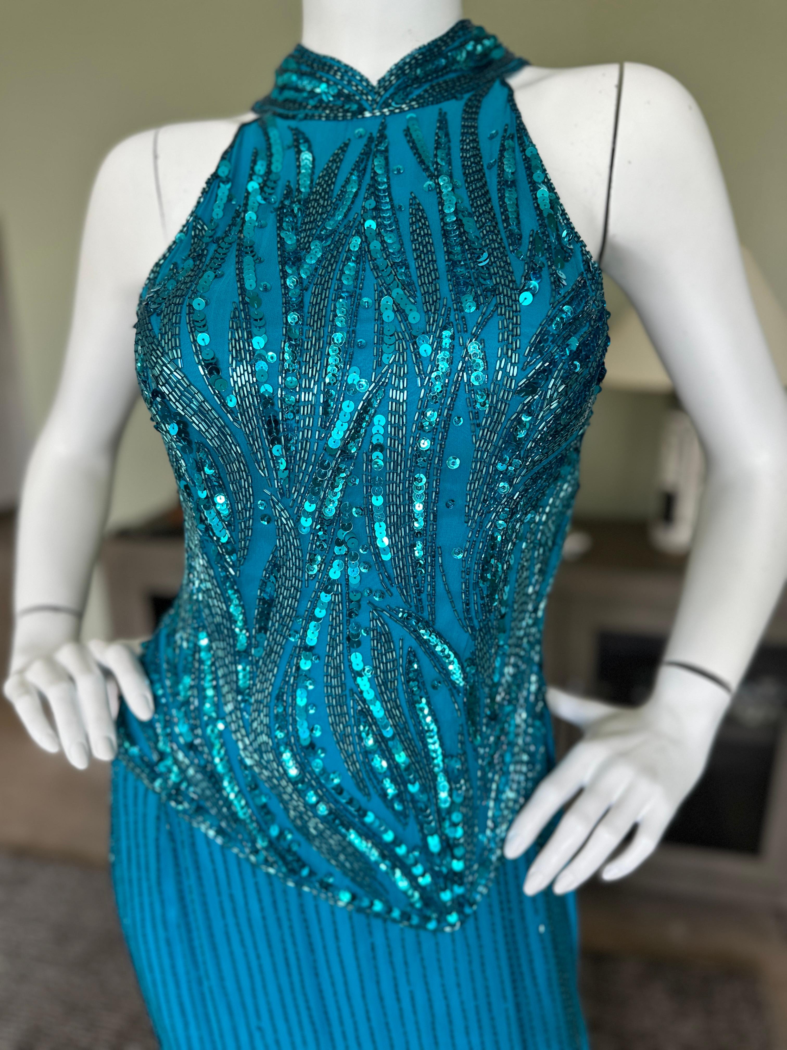 Ted Lapidus Paris 1970's Beaded Sequin Halter Evening Dress In Good Condition For Sale In Cloverdale, CA