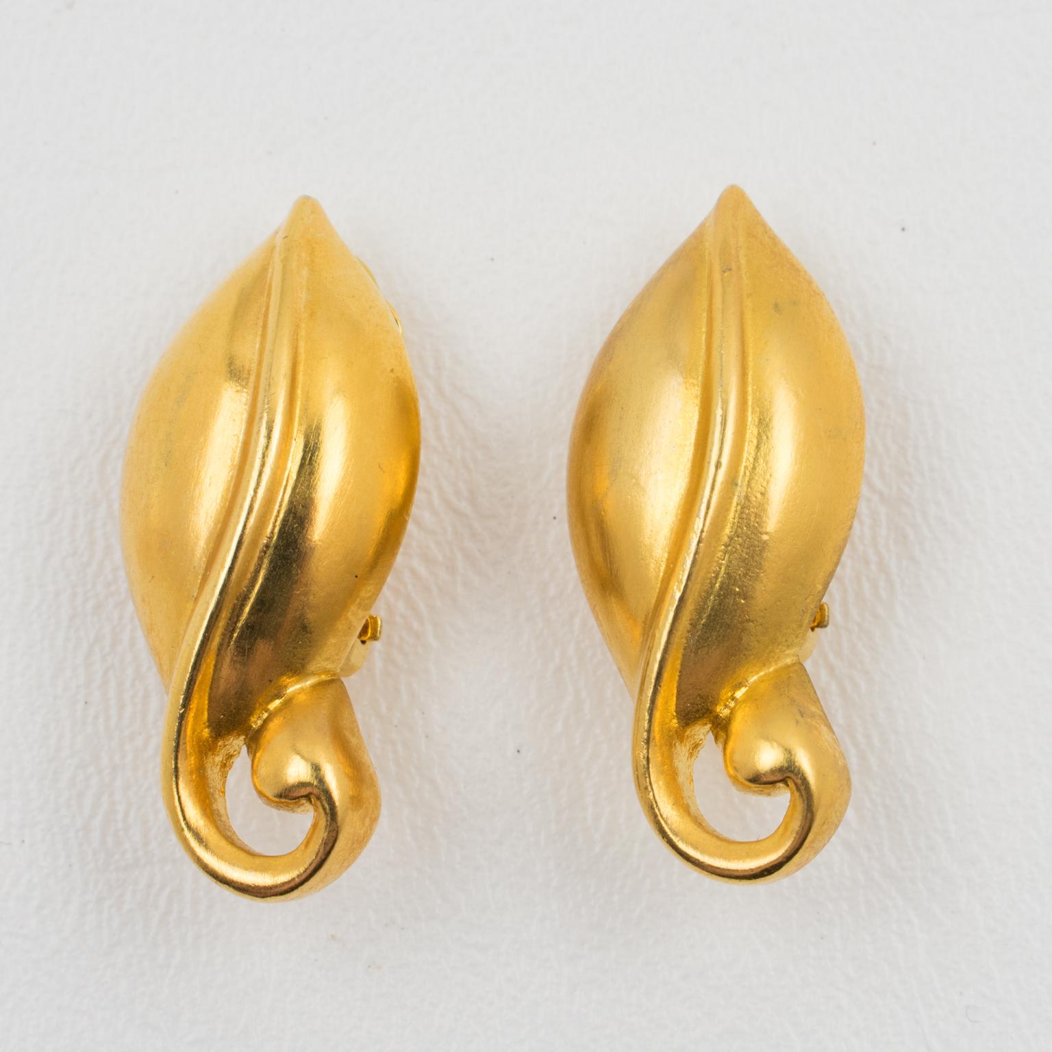 Modern Ted Lapidus Paris Gilt Metal Volute Clip Earrings For Sale