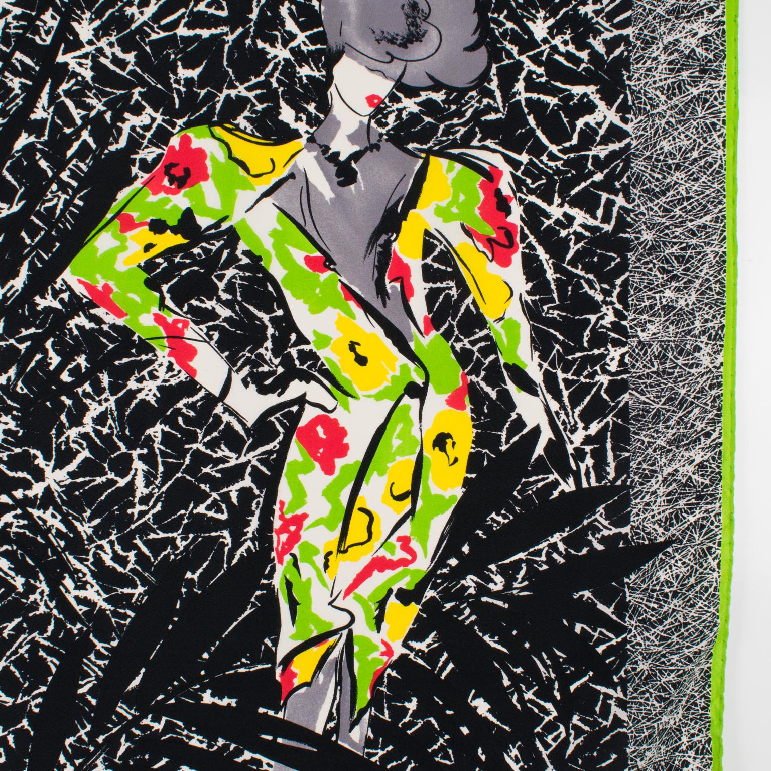 Ted Lapidus Paris - Écharpe en soie multicolore imprimée de mannequins de mode en vente 2