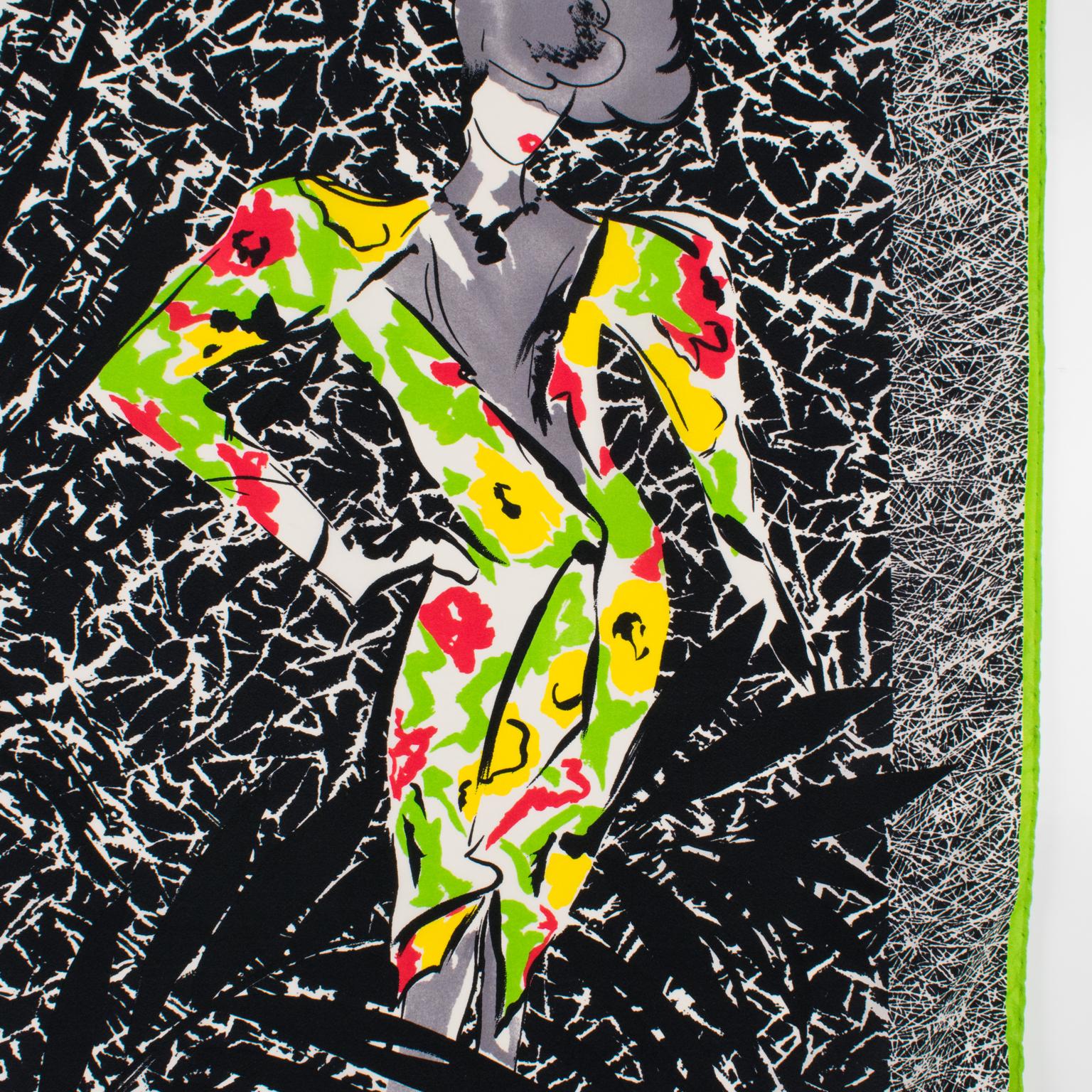 Ted Lapidus Paris Silk Scarf Multicolor Fashion Models Print For Sale 1