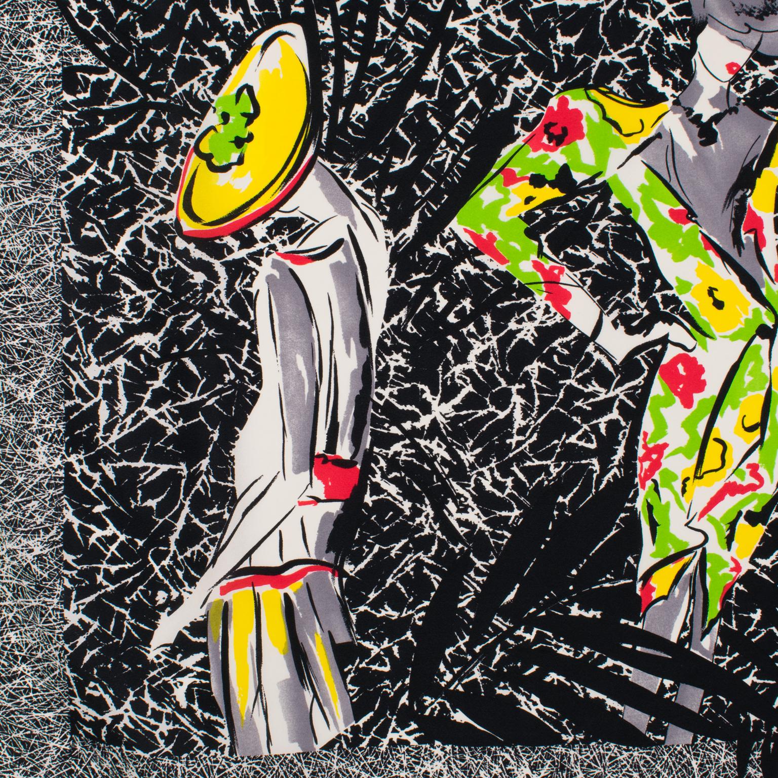 Ted Lapidus Paris - Écharpe en soie multicolore imprimée de mannequins de mode en vente 3