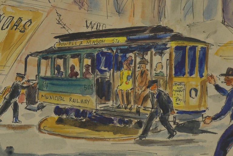 1940's San Francisco Powell & Mason Cable Car at the Turntable. - American Impressionist Painting by Ted Lewy