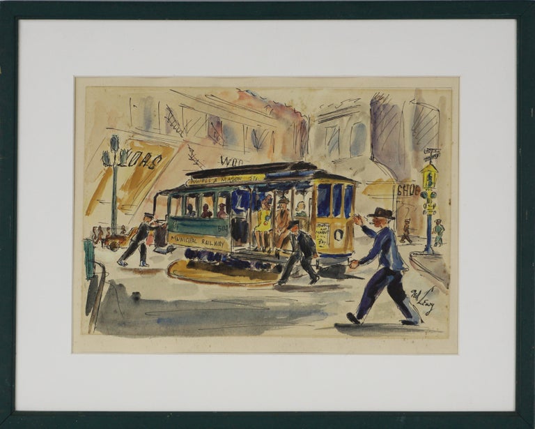 Ted Lewy Landscape Painting - 1940's San Francisco Powell & Mason Cable Car at the Turntable.