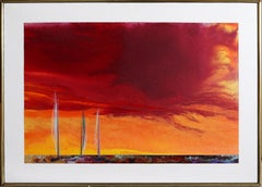 Barche a vela al tramonto, pittura a olio surrealista di Ted Lownik