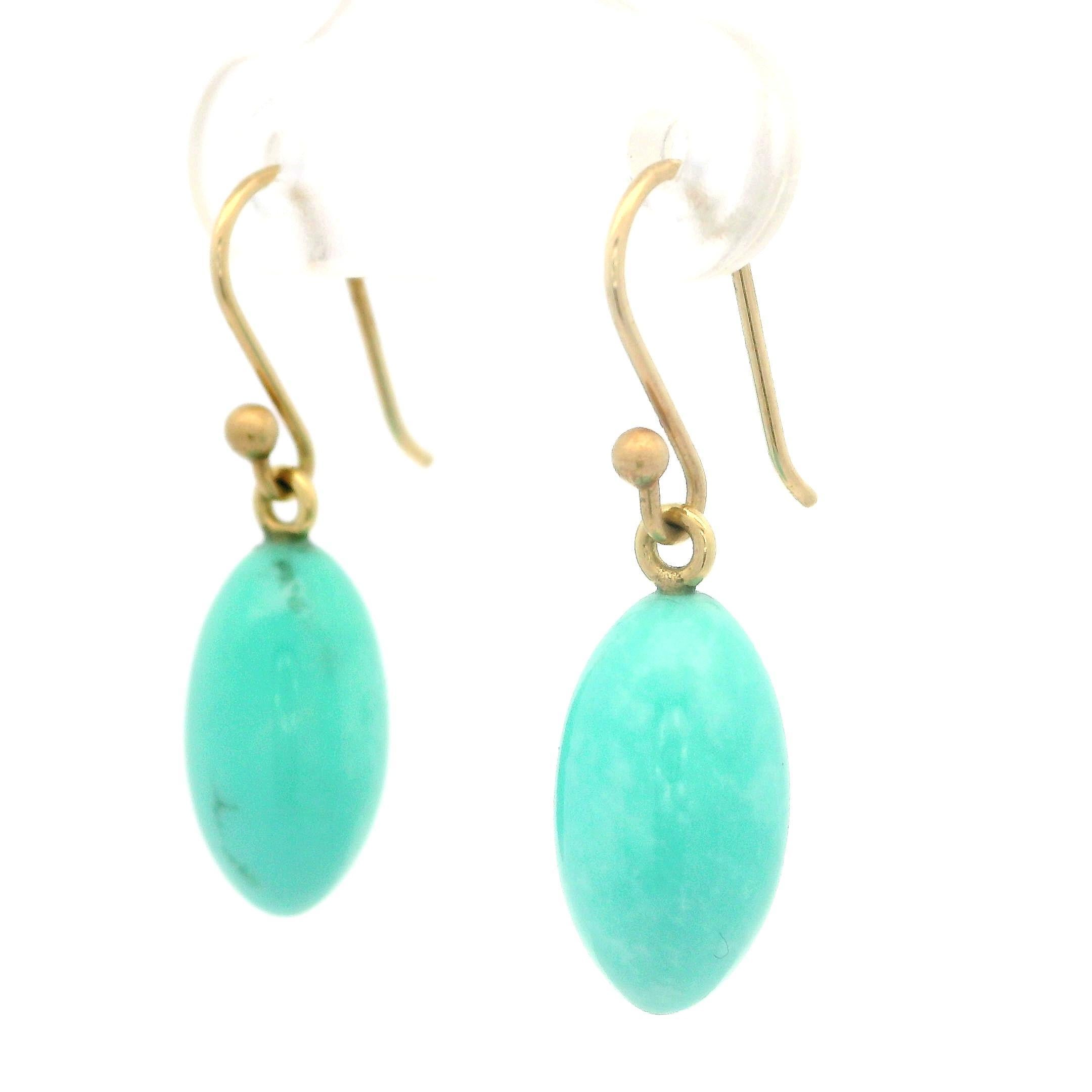 --Stone(s):--
(2) Natural Genuine Turquoises - Teardrop Cut - Sleeping Beauty Turquoise Blue Color - 13.1x7.2mm (approx.)

Material: Solid 14k Yellow Gold
Weight: 2.32 Grams
Overall Height: 25mm (0.98