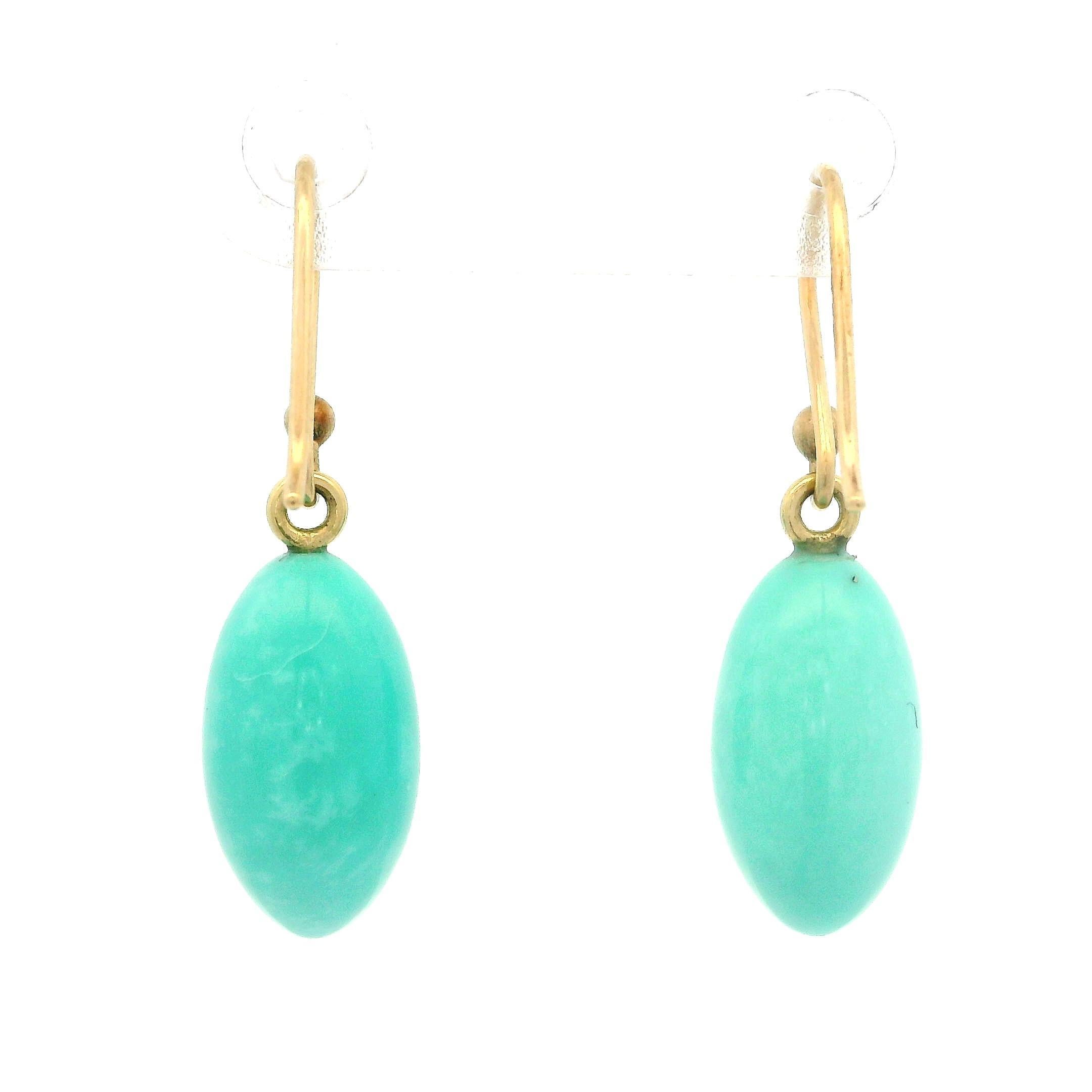 Ted Muehling 14k Yellow Gold Sleeping Beauty Turquoise Drop Hook Earrings In Excellent Condition In Montclair, NJ