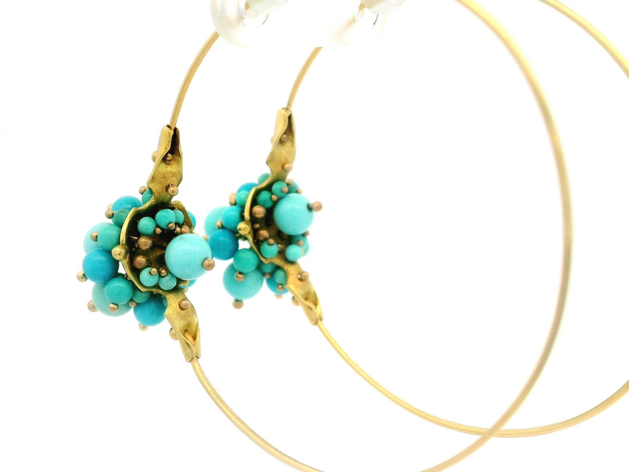 Ted Muehling 18k Gold Sleeping Beauty Turquoise Large Cluster Hoop Earrings 5