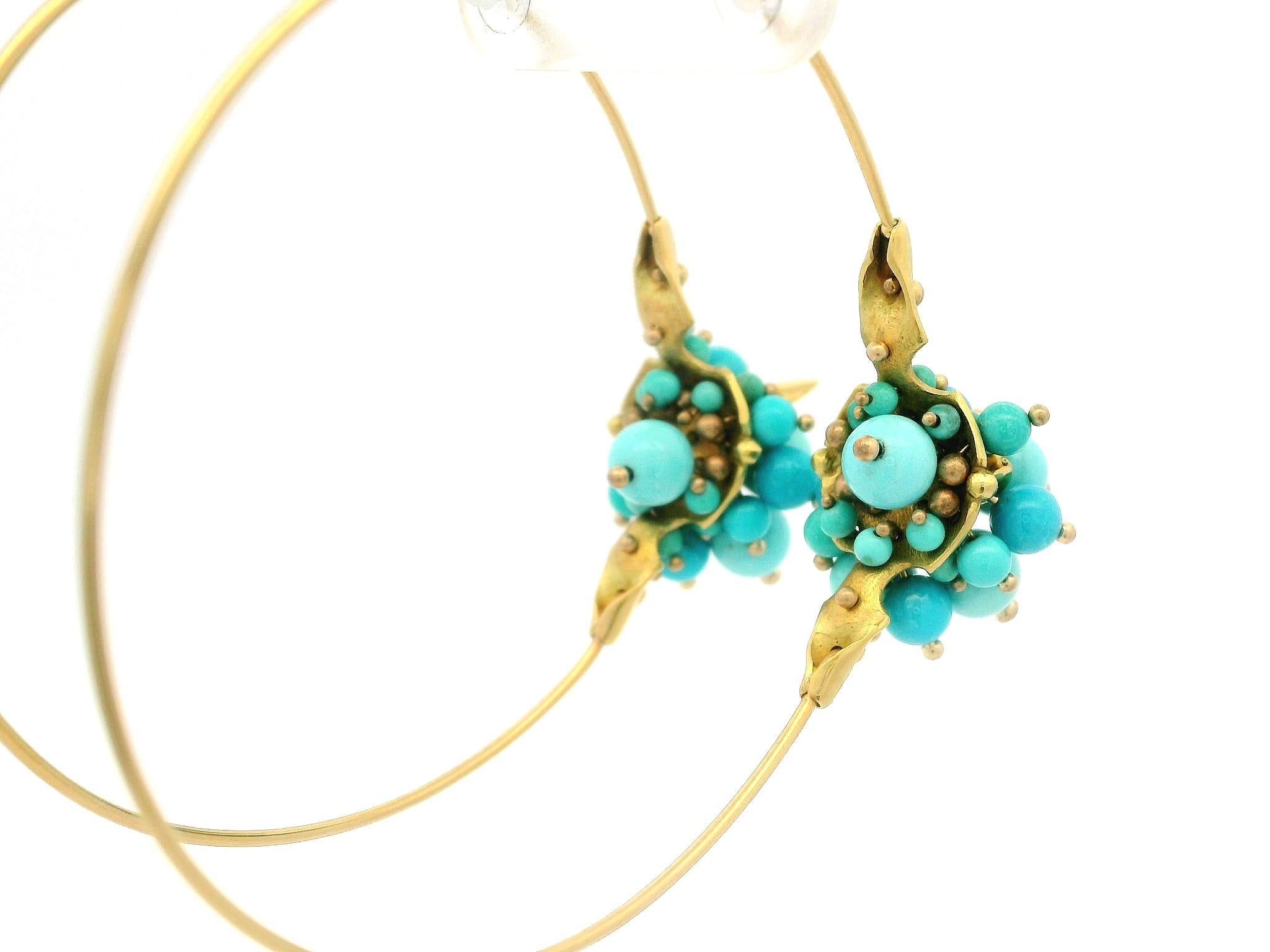 Ted Muehling 18k Gold Sleeping Beauty Turquoise Large Cluster Hoop Earrings 6
