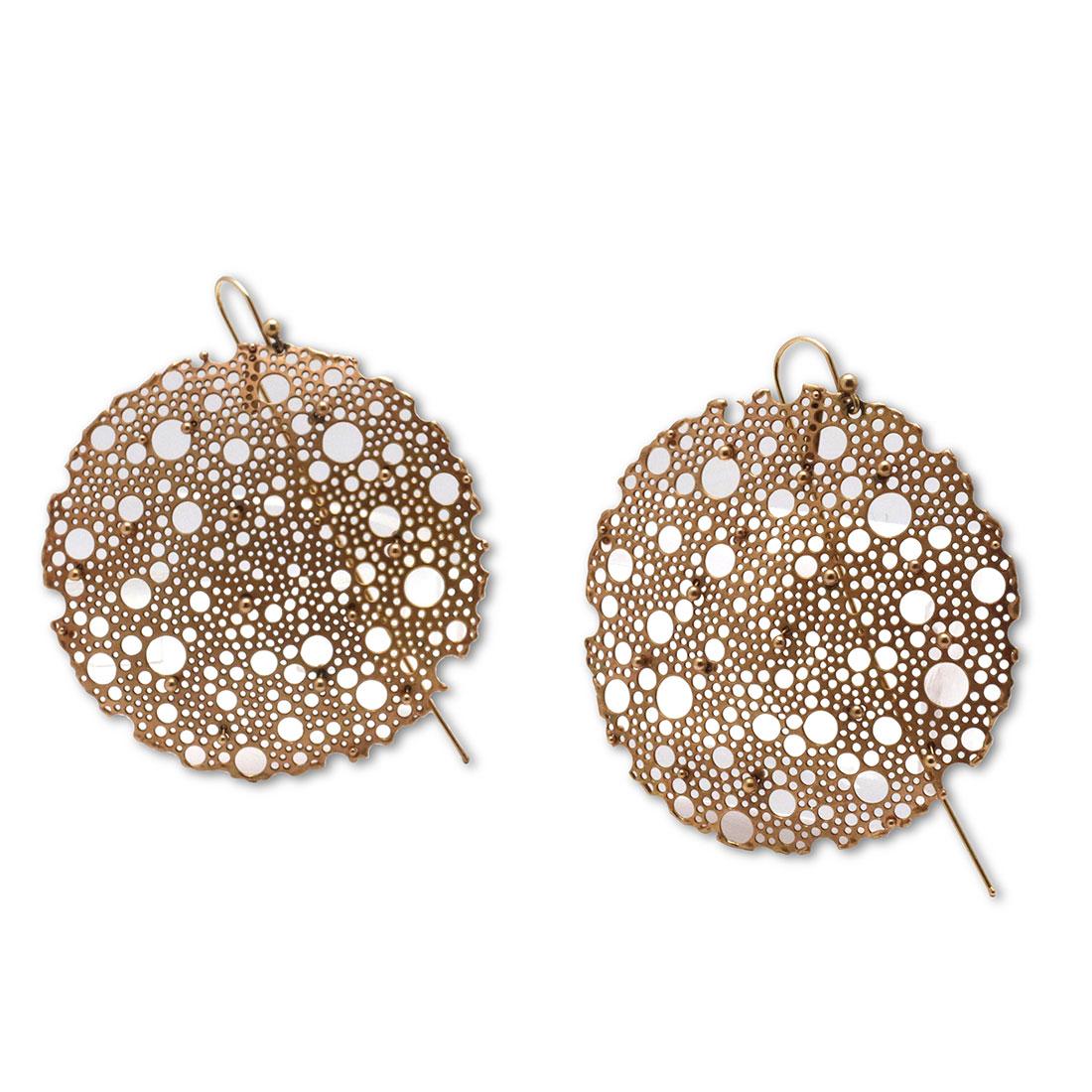 Authentic Ted Muehling Queen Anne's Lace earrings crafted in 14 karat yellow gold. The delicate perforated lace disks are designed to resemble the flowering Queen Anne's Lace plant. The earrings measure 1.84 inches in diameter with extra long