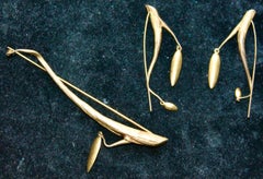 Ted Muehling Twig & Pod 18K Gold Plated Brooch & Earrings